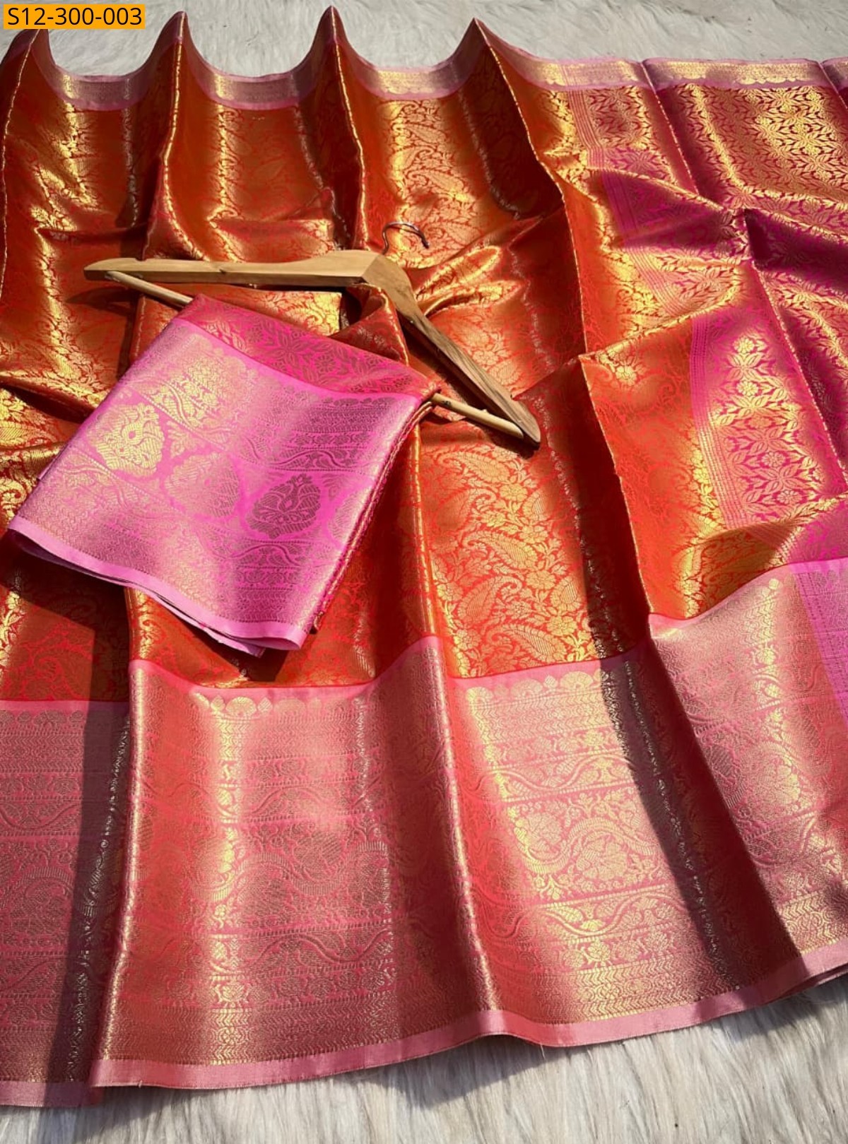Orange Banarsi semi kataan soft silk Saree
