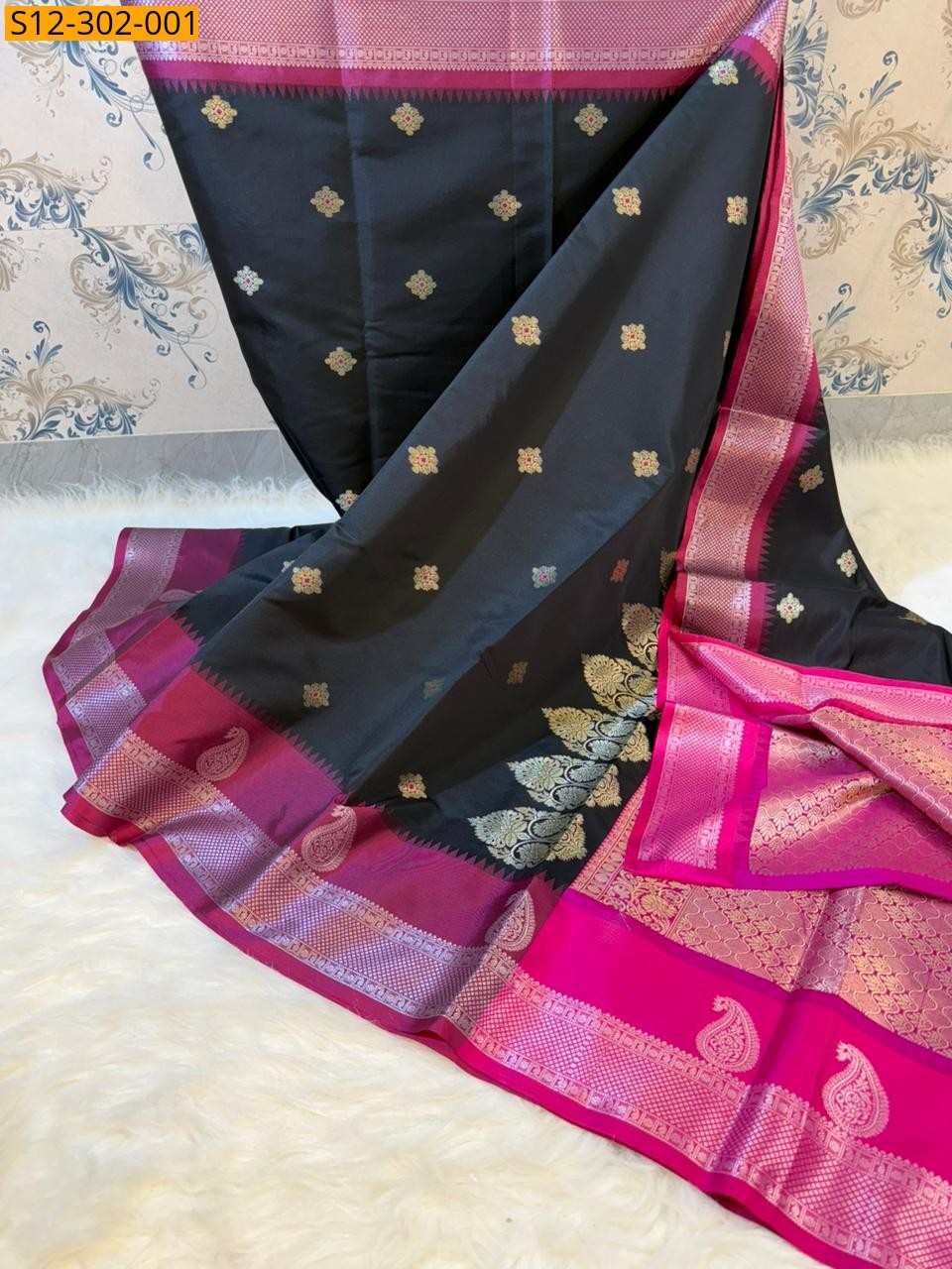Black Banarsi semi kataan soft silk Saree