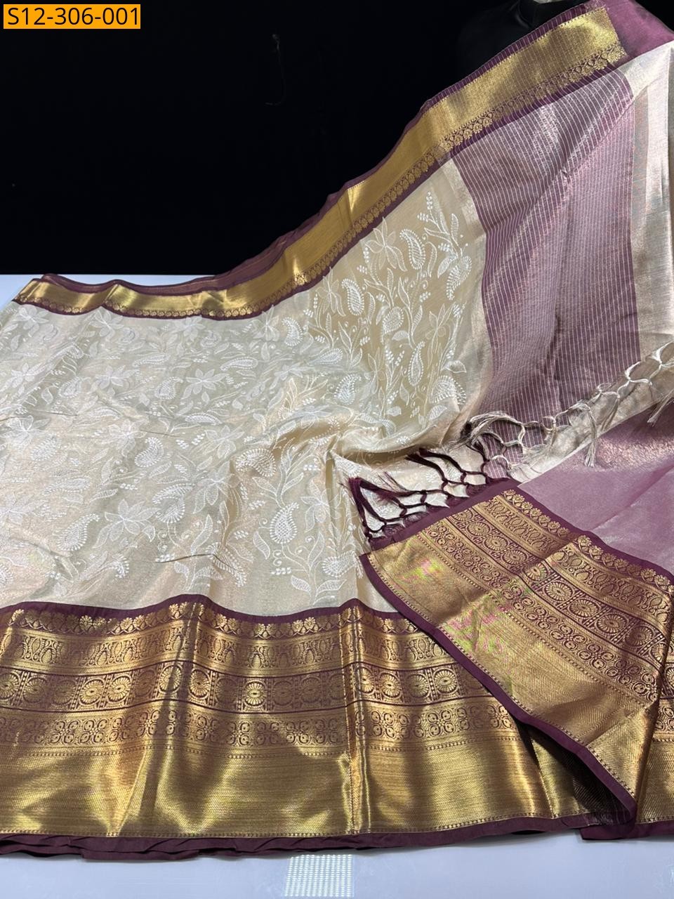 Half white Banarsi kaanchi border tissue embroidery Saree