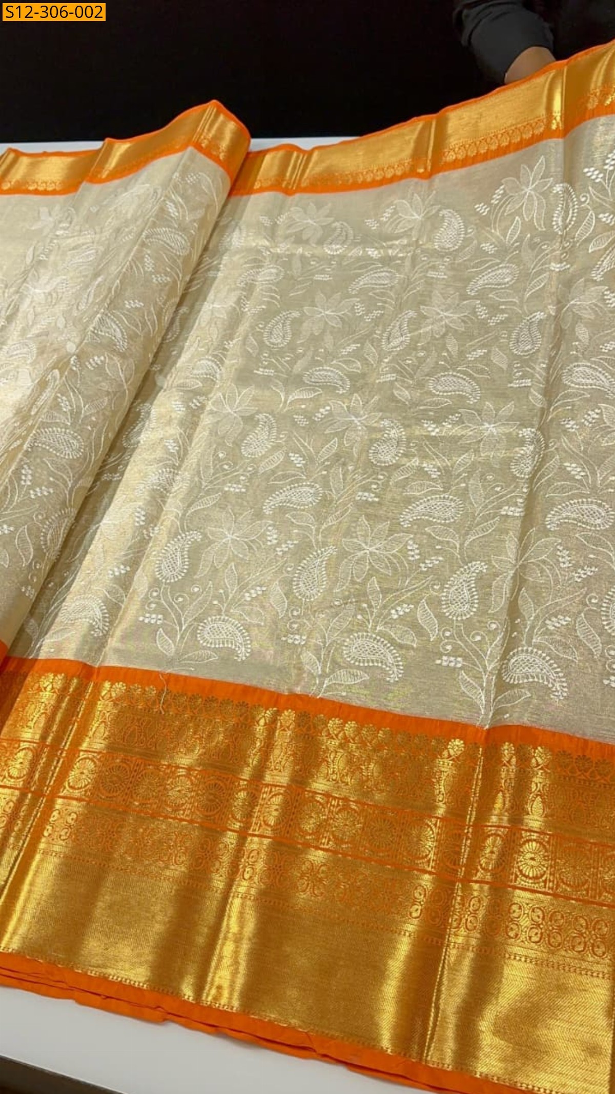 Orange Banarsi kaanchi border tissue embroidery Saree