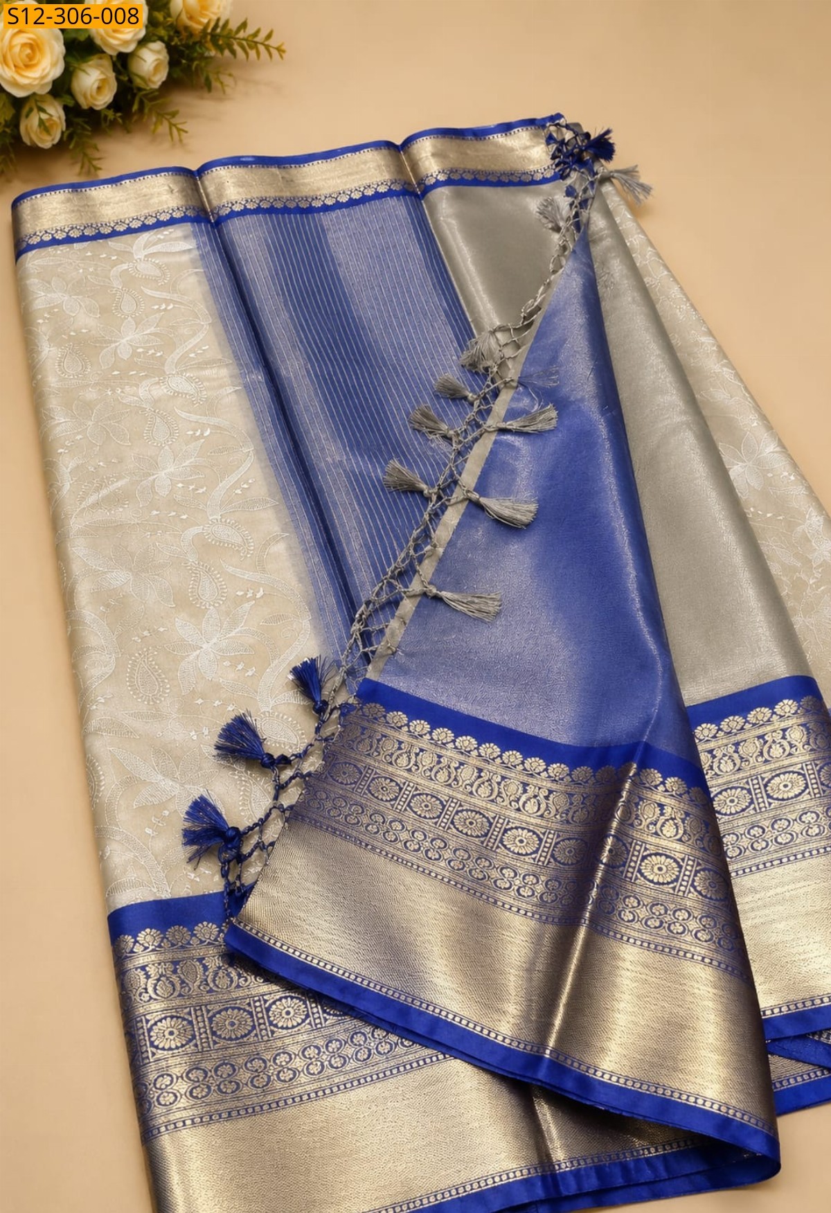 Blue Banarsi kaanchi border tissue embroidery Saree