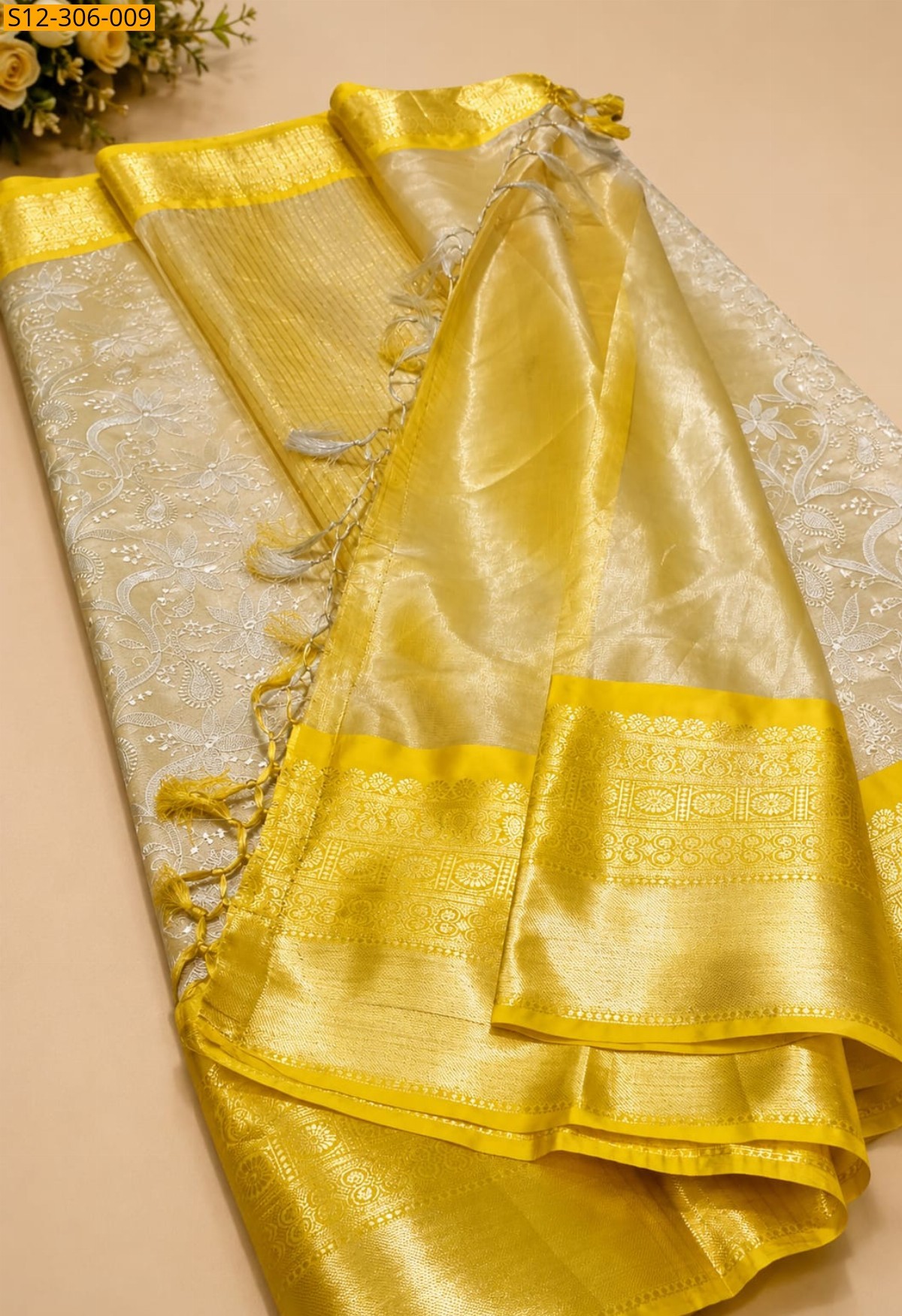 Yellow Banarsi kaanchi border tissue embroidery Saree