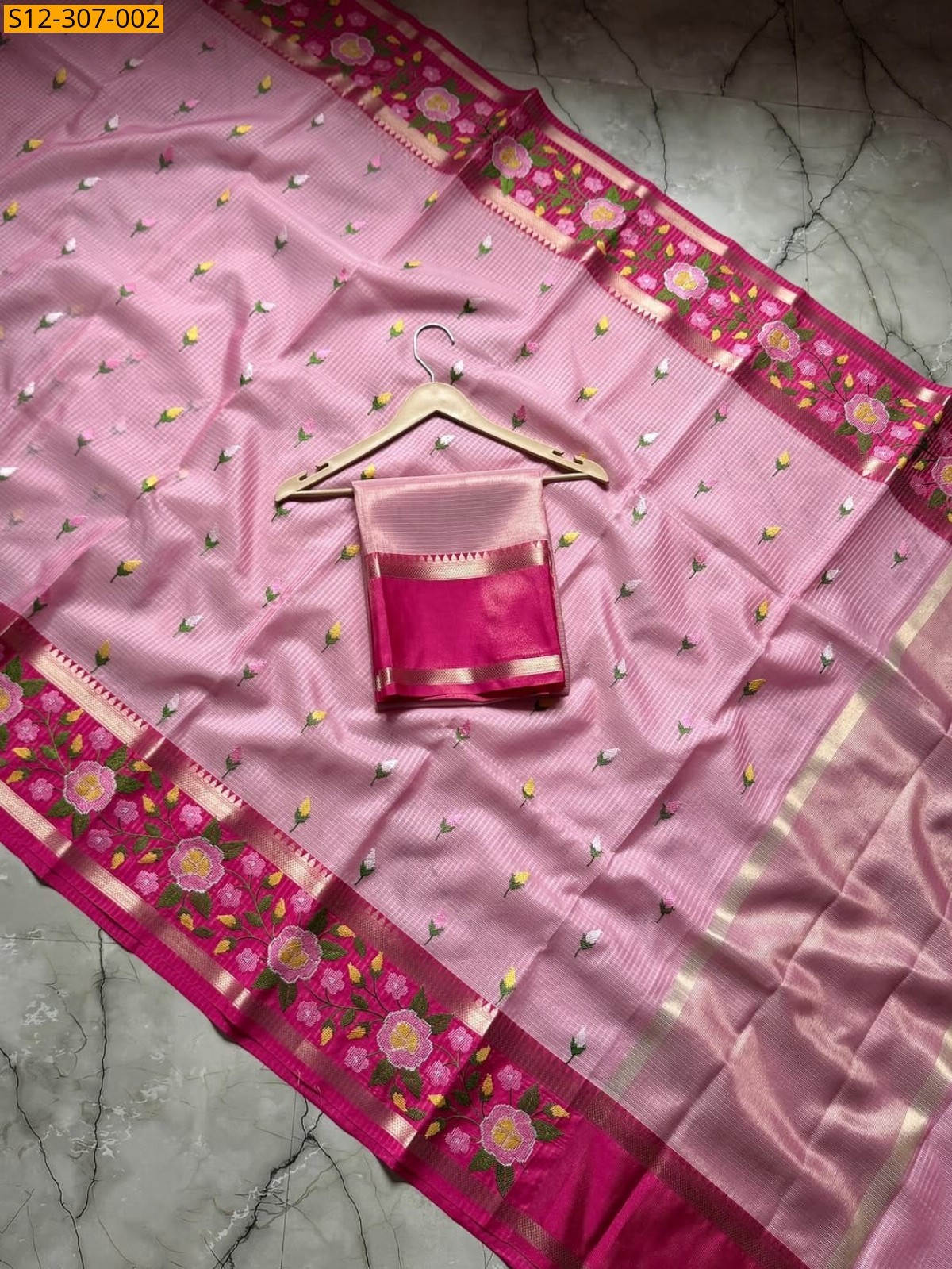 Pink Banarsi kota chek embroidery Saree
