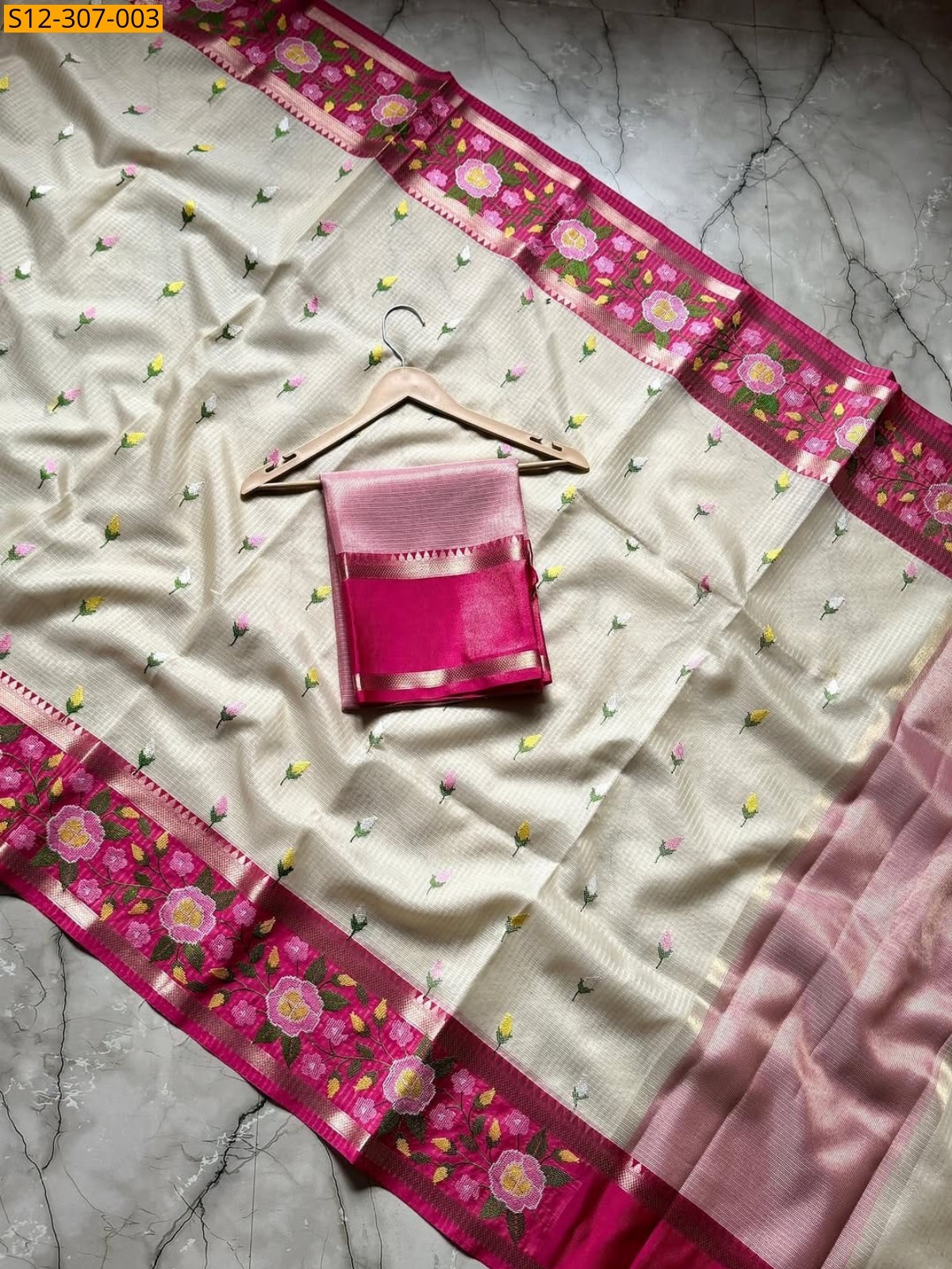 Half white Banarsi kota chek embroidery Saree