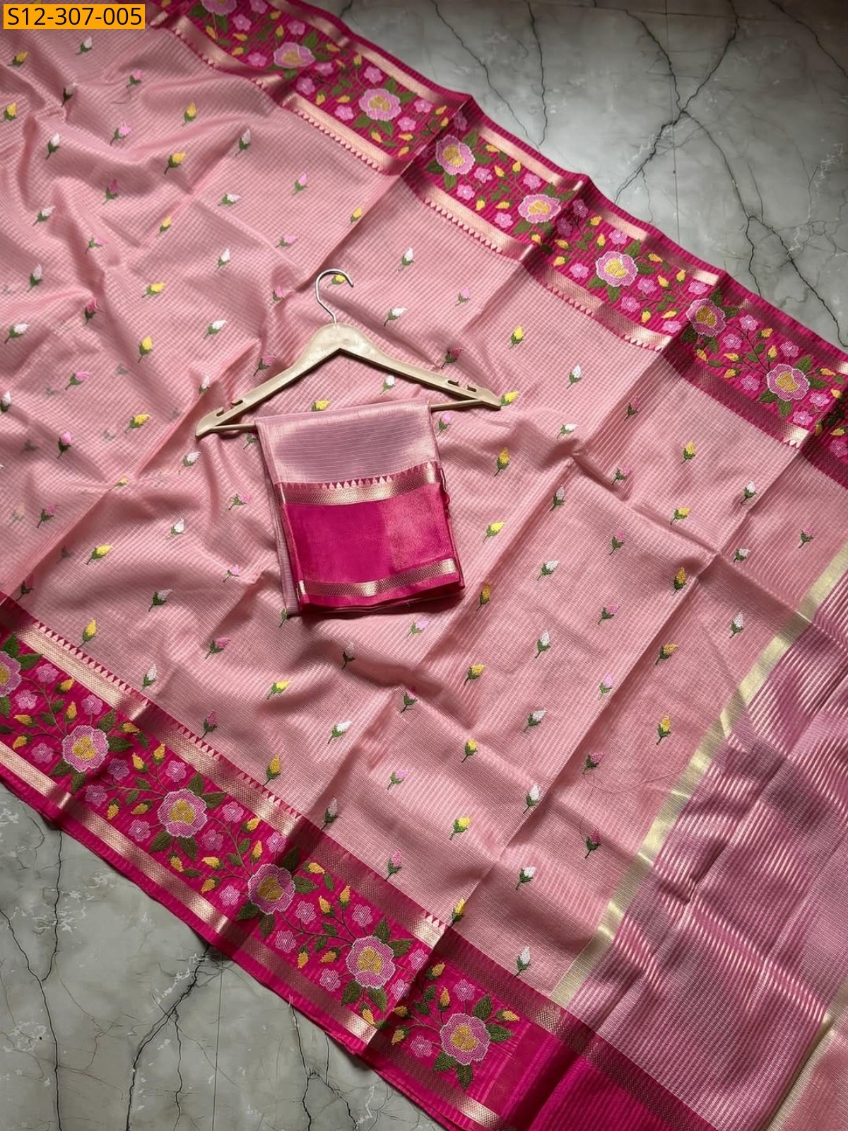 Peach Banarsi kota chek embroidery Saree