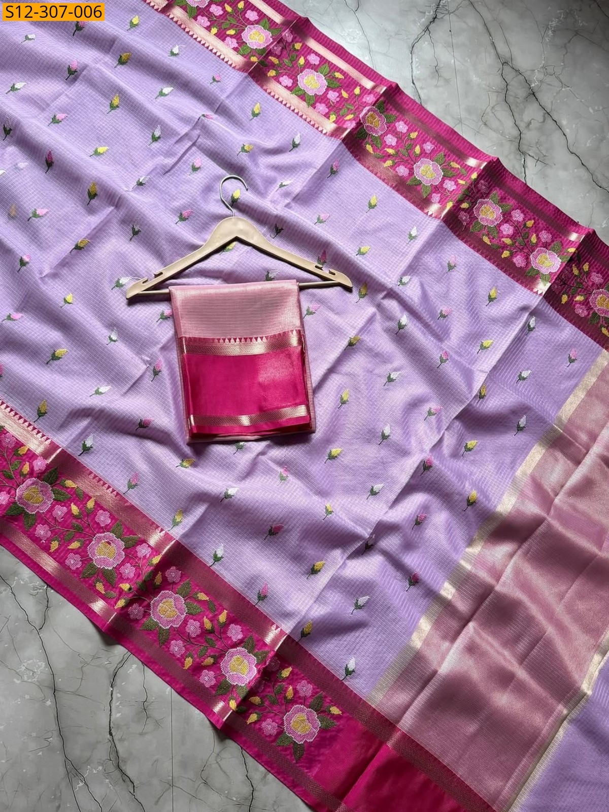 Lavender Banarsi kota chek embroidery Saree