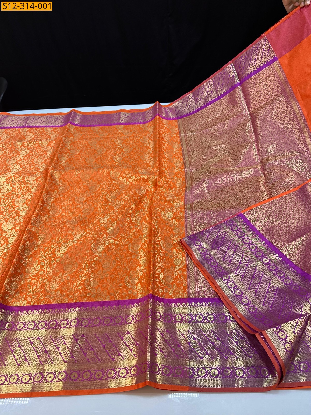 Orange Banarsi semi kataan soft silk Saree