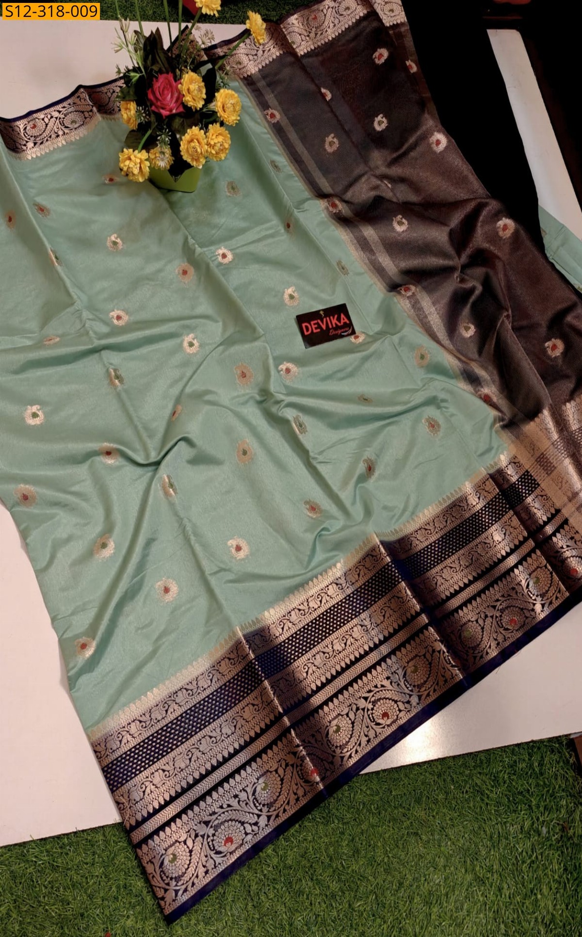 Pista green Banarasi daibal dupion soft silk Saree