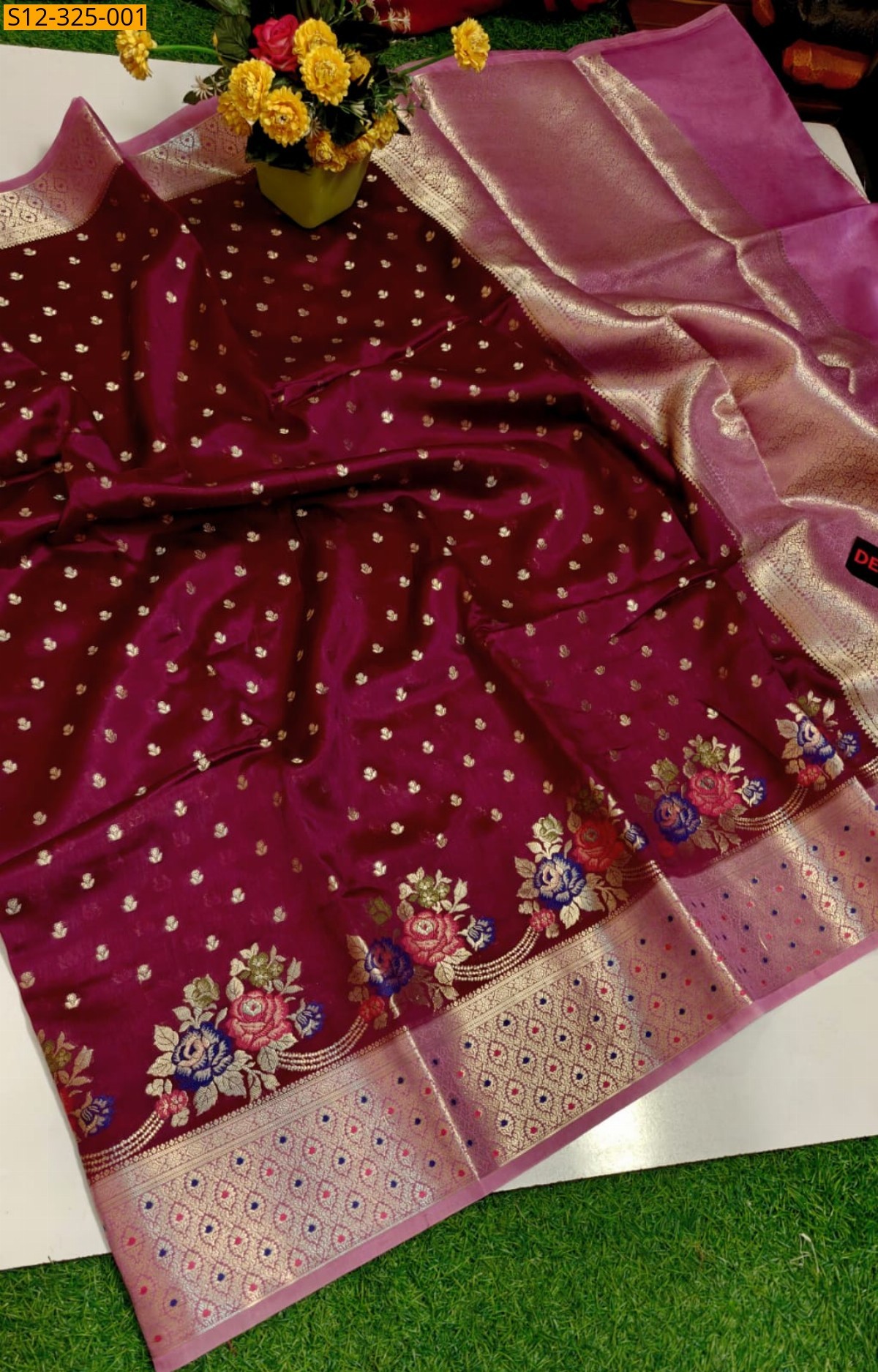 Maroon Banarasi daibal chiniya soft silk Saree