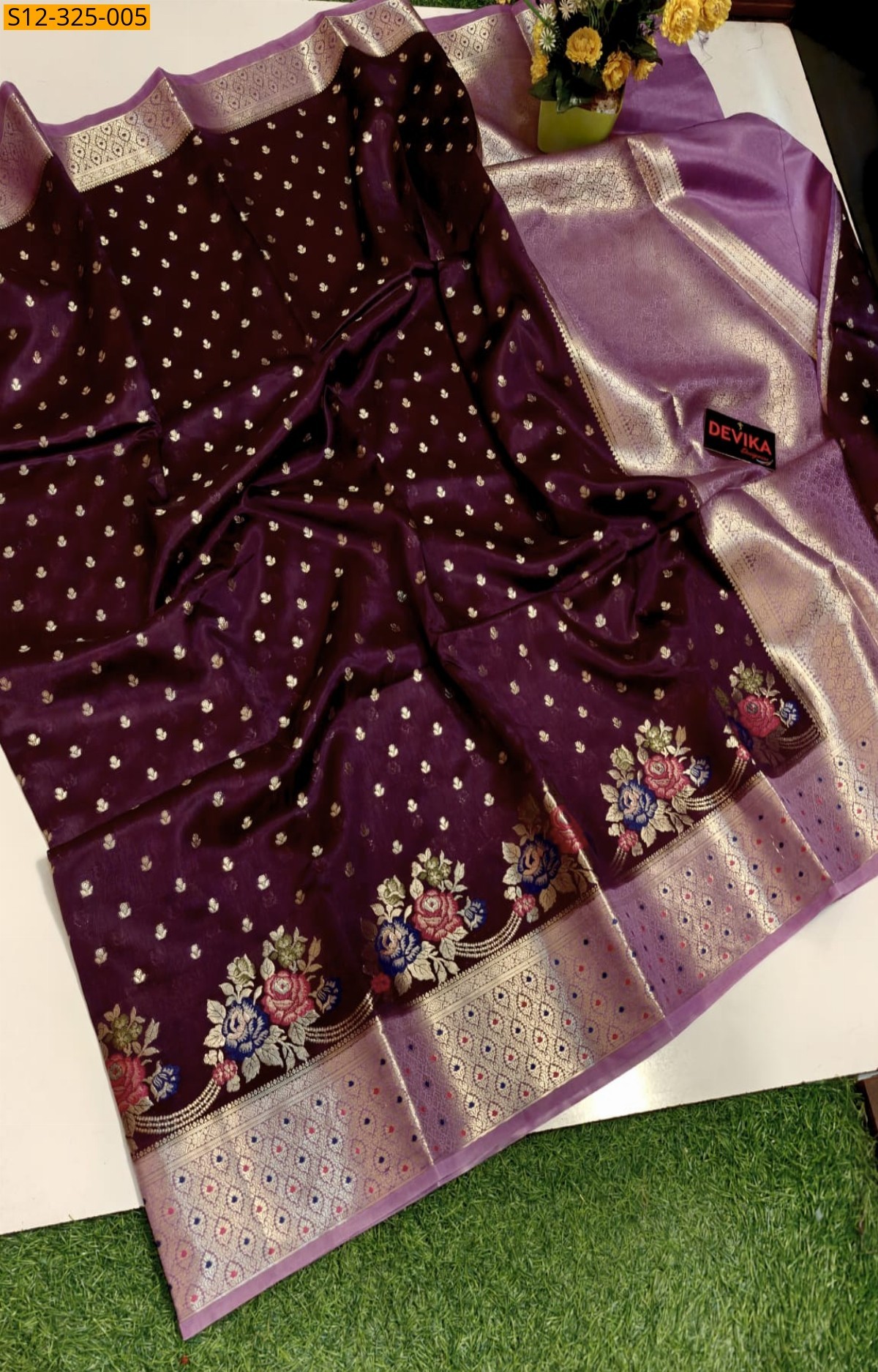 Wine Banarasi daibal chiniya soft silk Saree