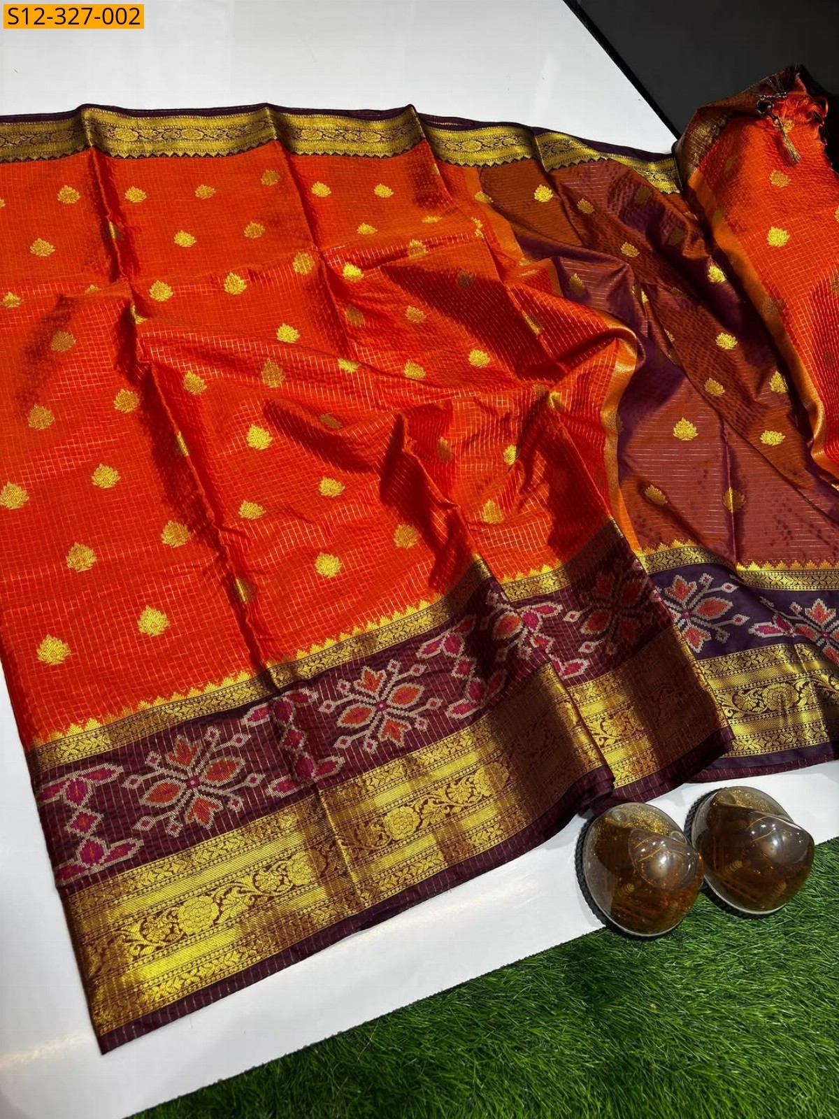 Rust Orange Banarasi semi kataan soft silk Saree
