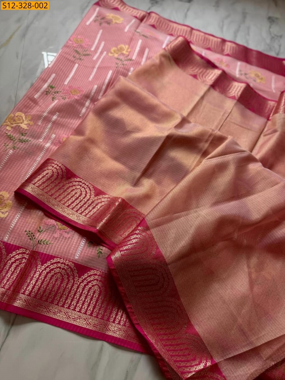 Peach Banarsi kota check embroidery Saree