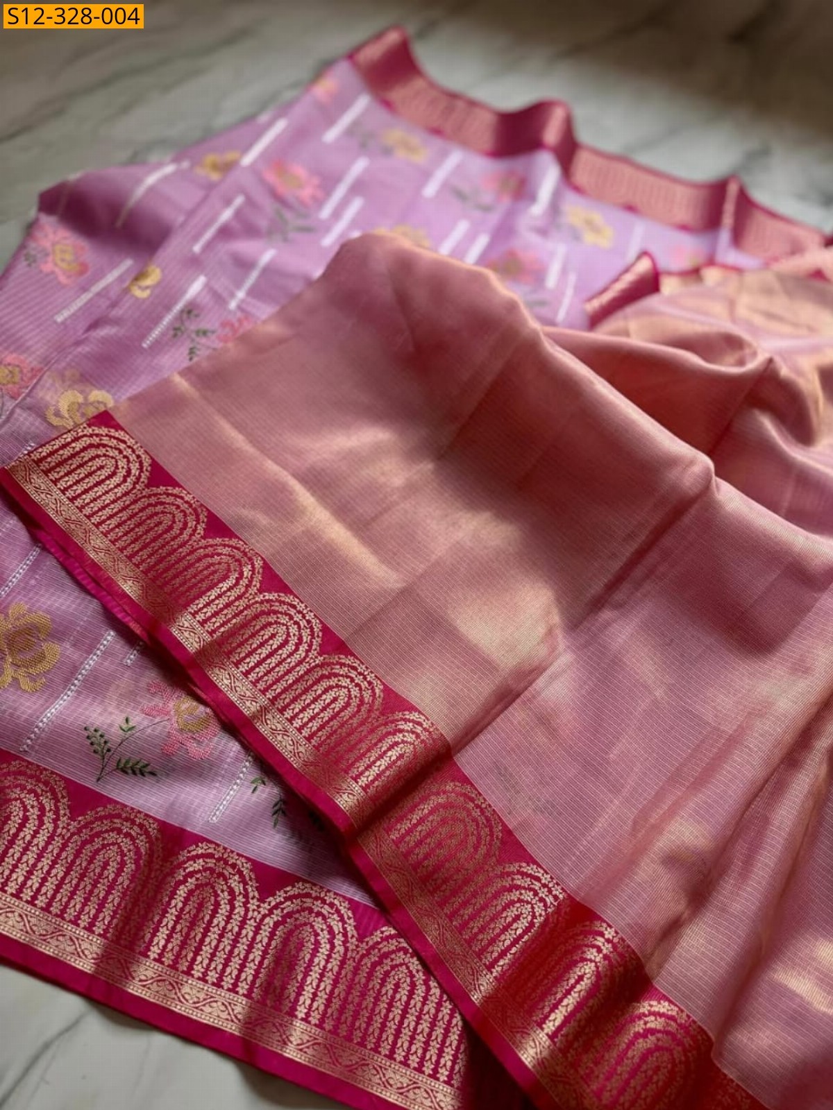 Pink Banarsi kota check embroidery Saree