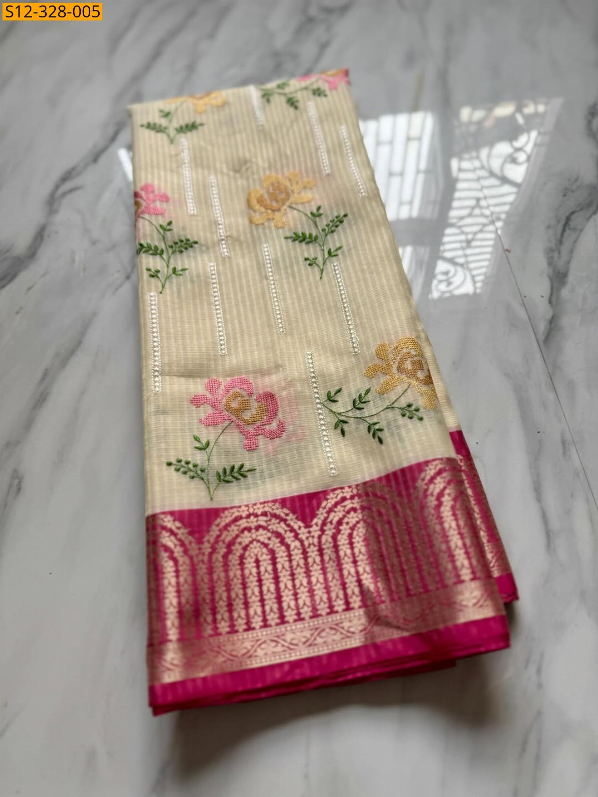 Half white Banarsi kota check embroidery Saree