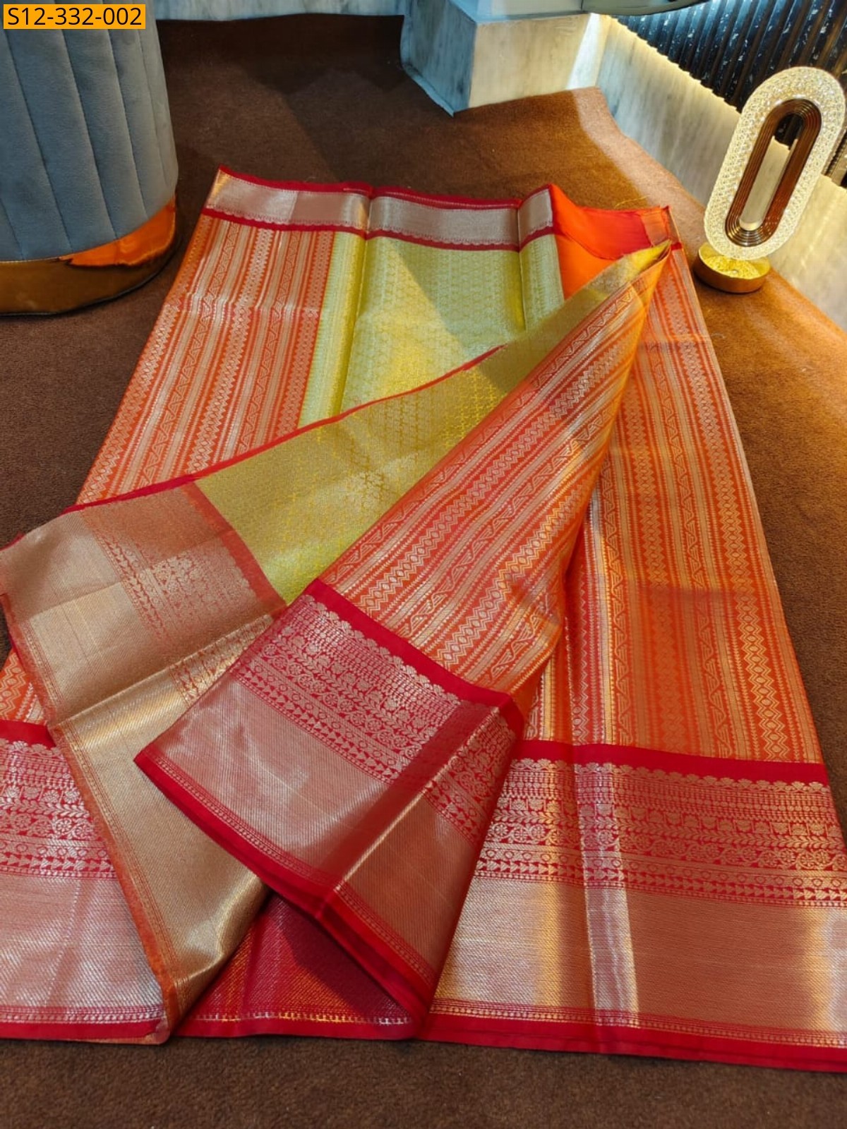 Orange Banarasi checks soft silk saree