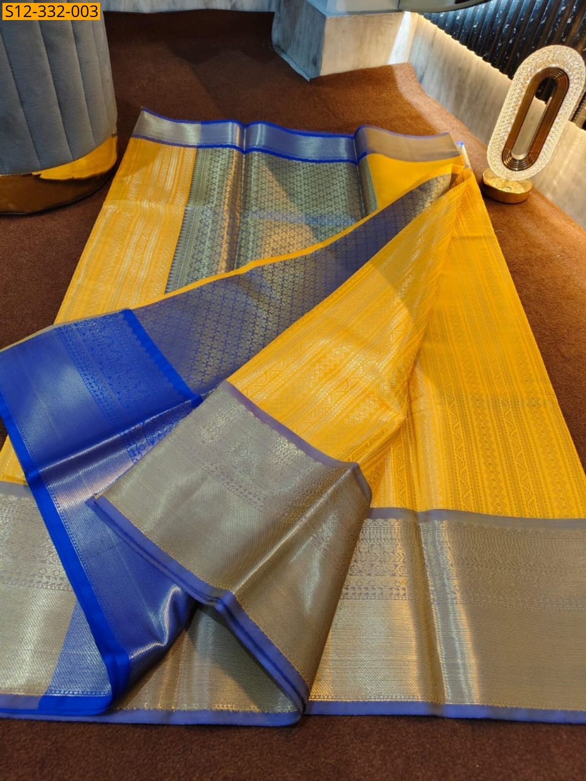 Yellow Banarasi checks soft silk saree