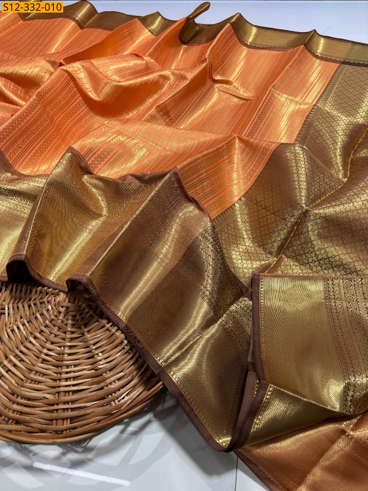 Orange Banarasi checks soft silk saree