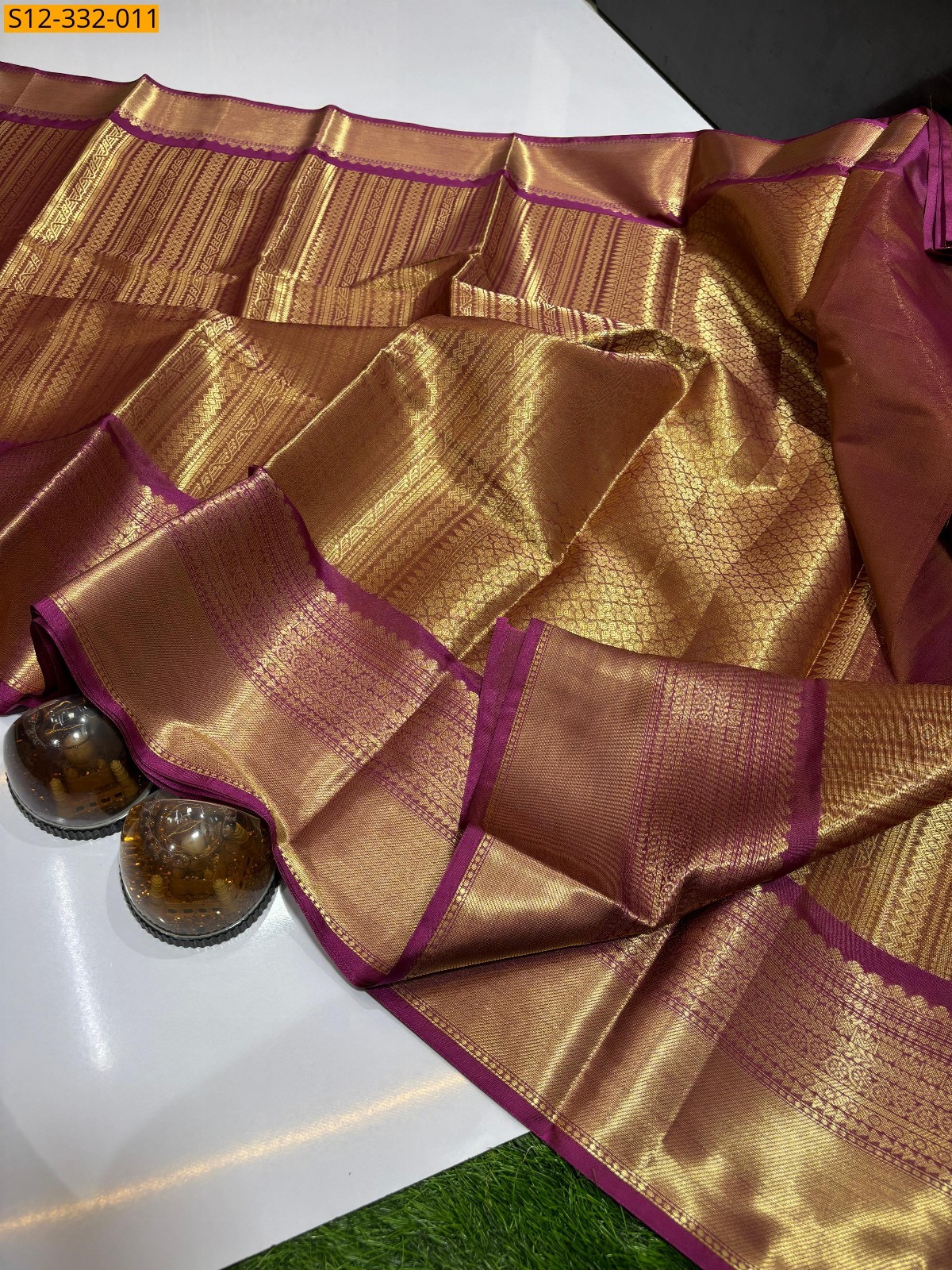 Gold Banarasi checks soft silk saree