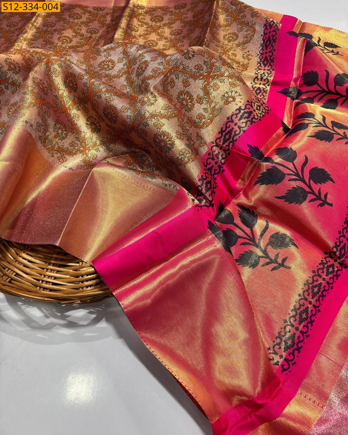 Copper Banarasi tissue printed soft silk Saree