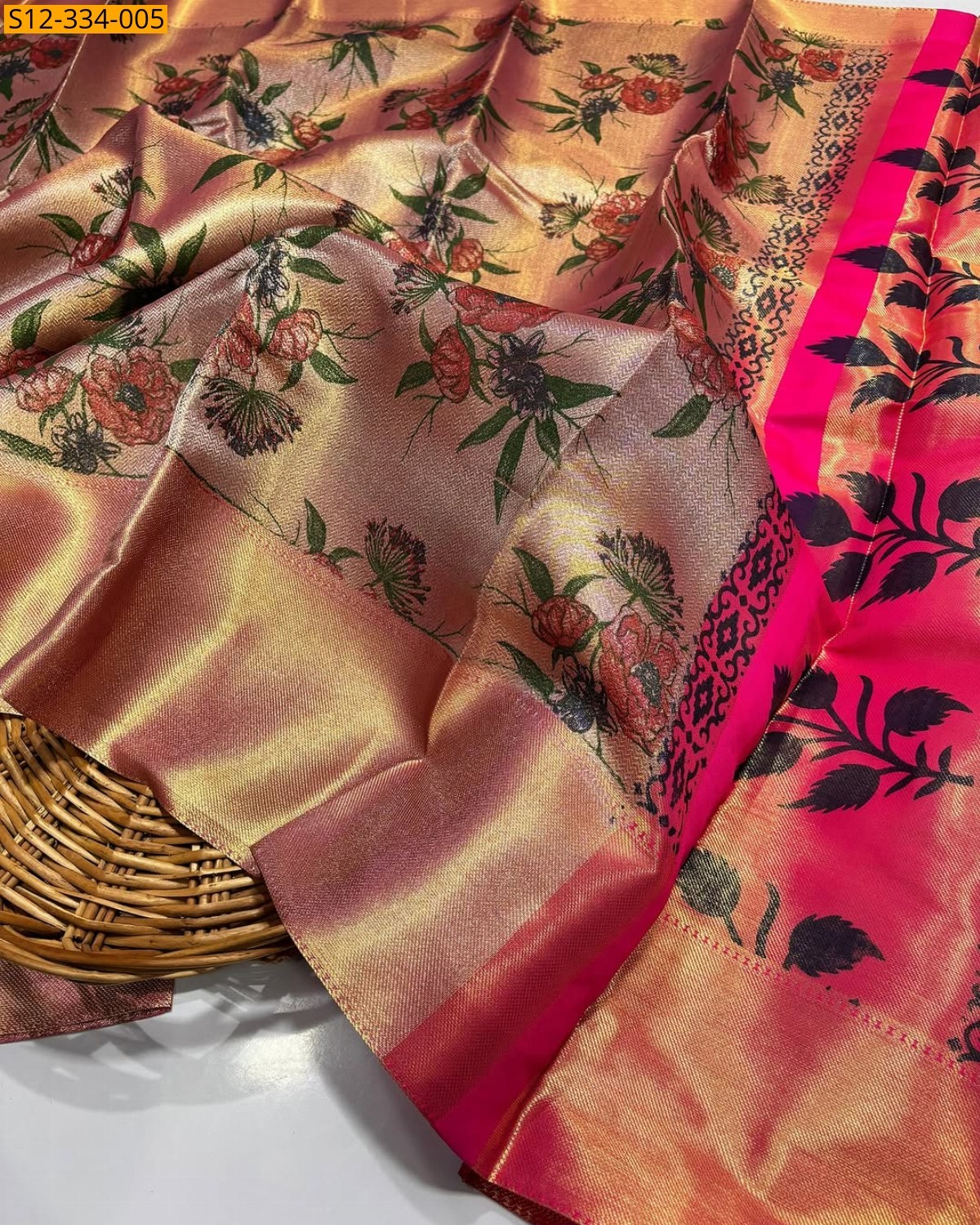 Copper Banarasi tissue printed soft silk Saree
