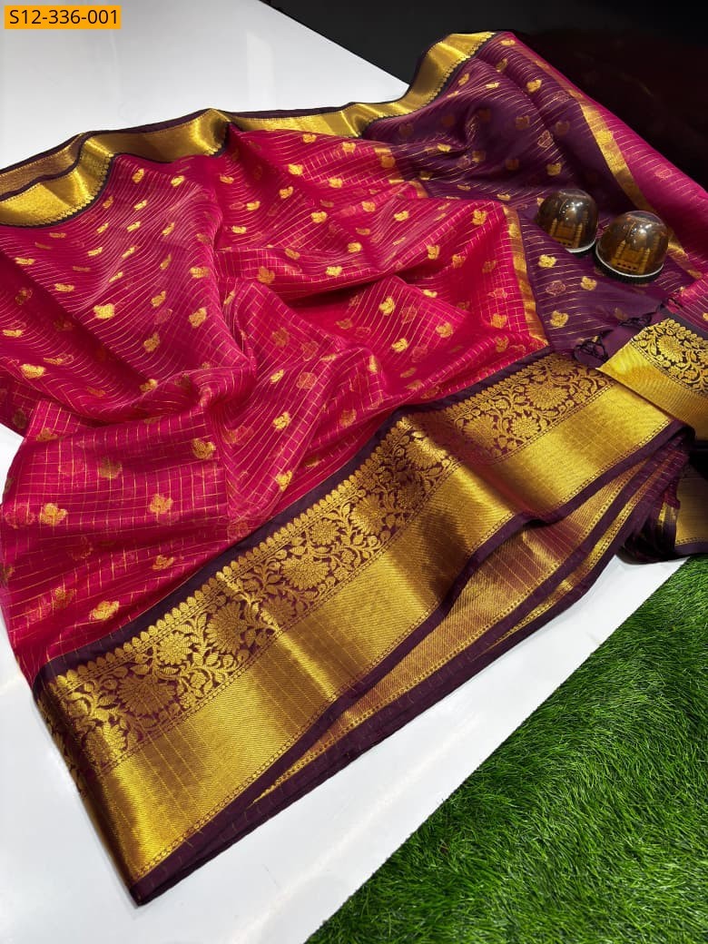 Red Banarsi semi organza soft silk Saree