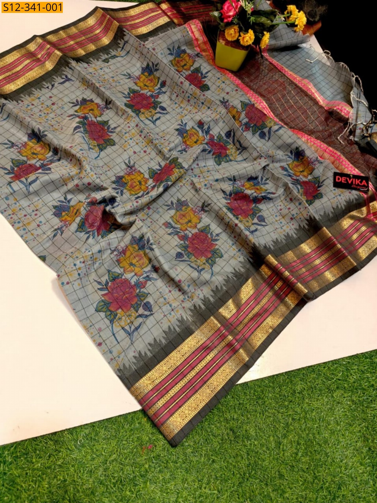 Grey Banarasi Maheswari cotton soft Saree