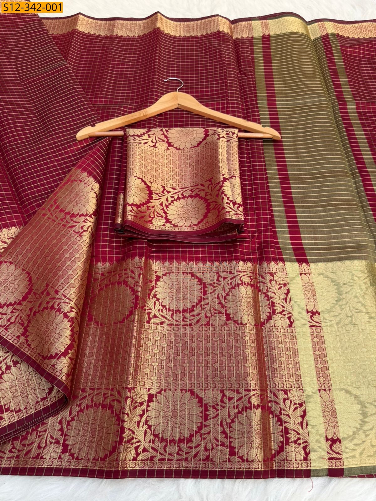 Maroon Banarasi semi kataan soft silk Saree