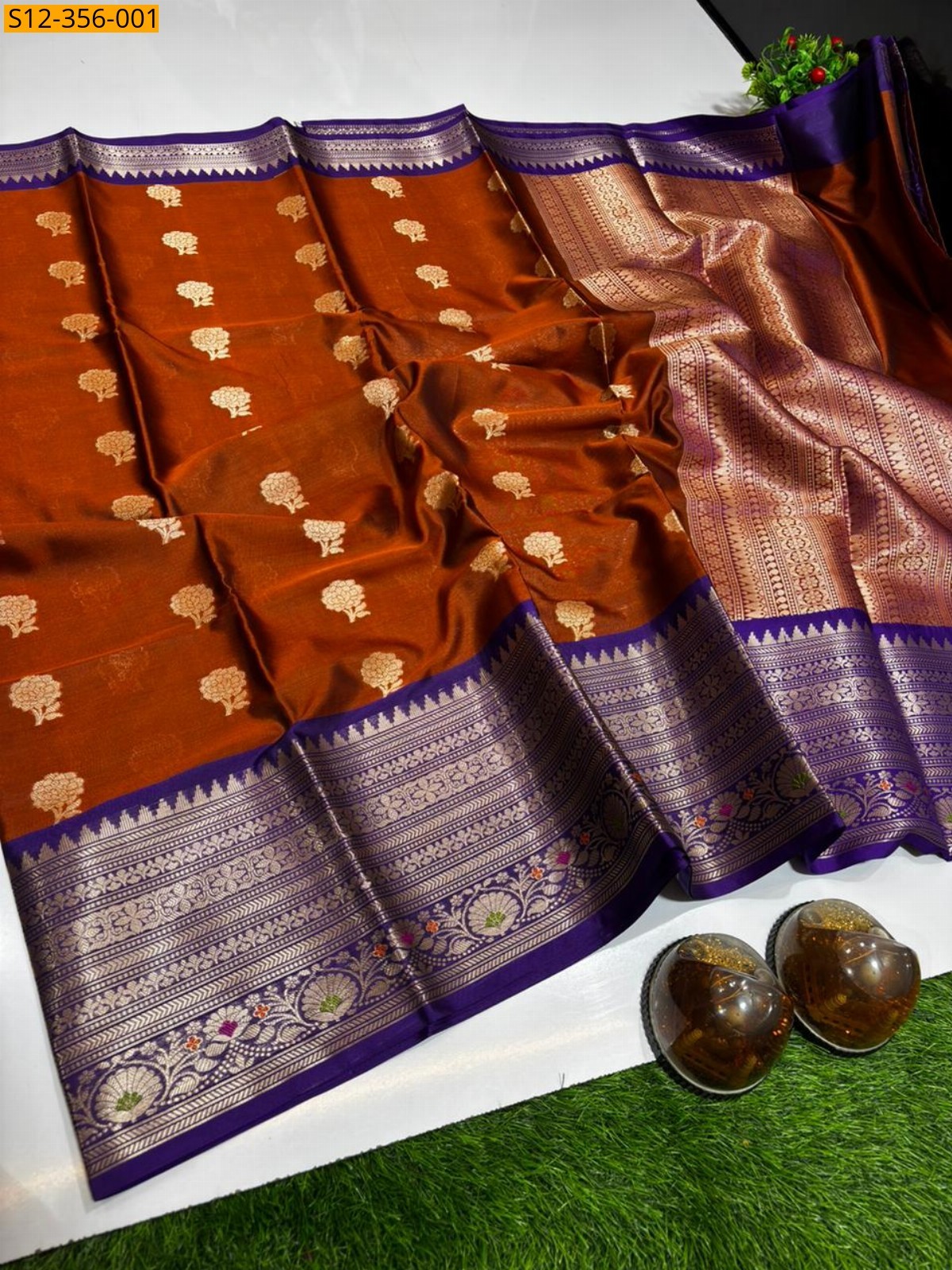 Rust Orange Banarasi semi kataan soft silk Saree