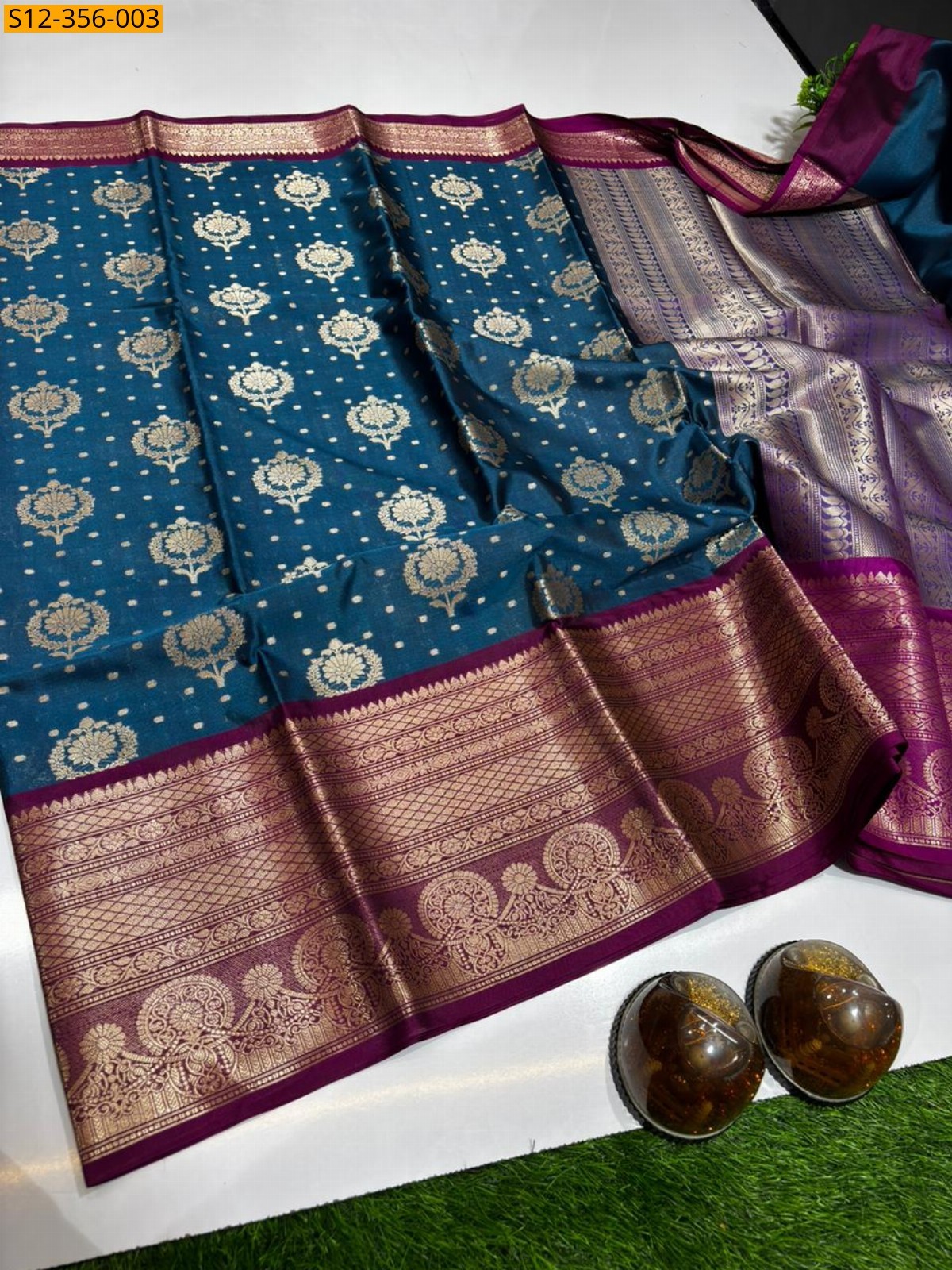 Navy Blue Banarasi semi kataan soft silk Saree
