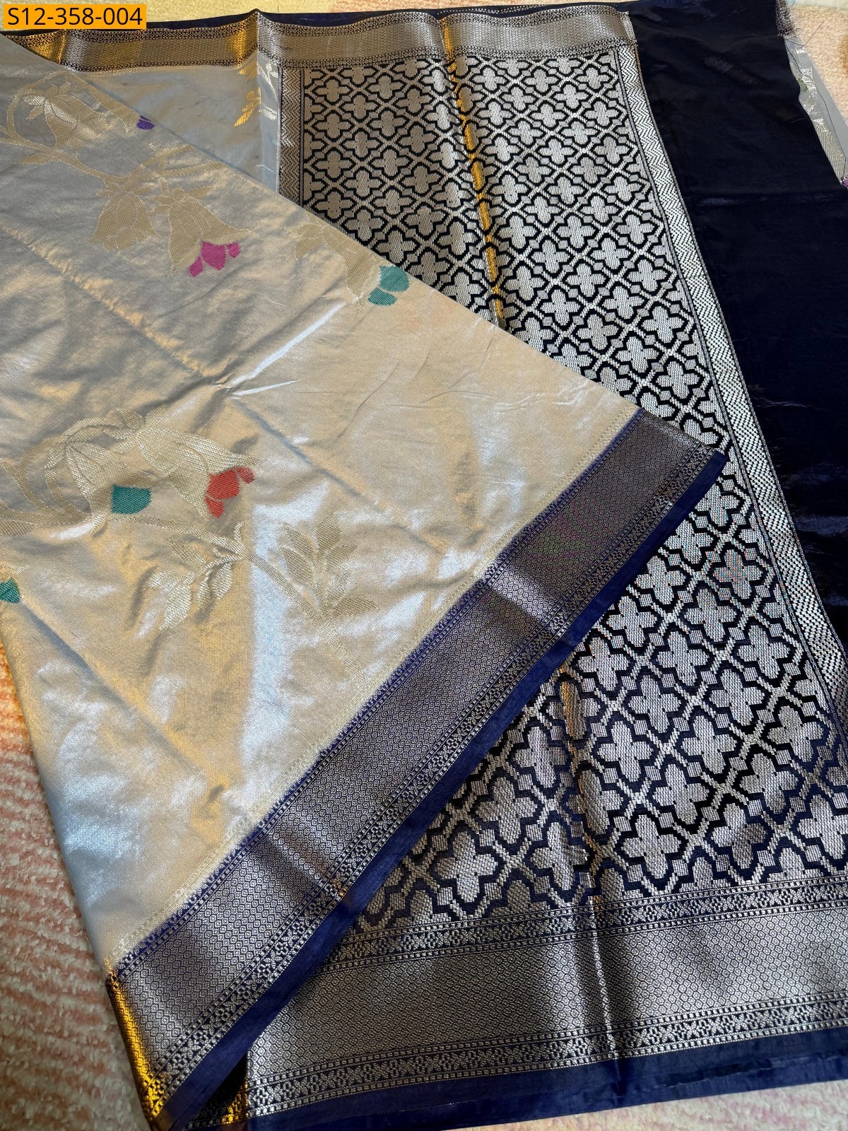Silver Banarasi kataan Raw Mango soft silk Saree