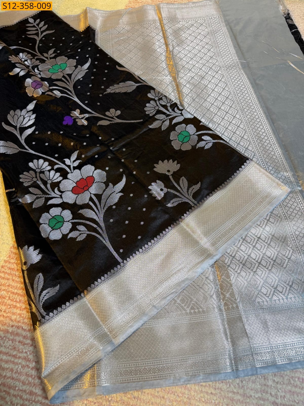 Black Banarasi kataan Raw Mango soft silk Saree