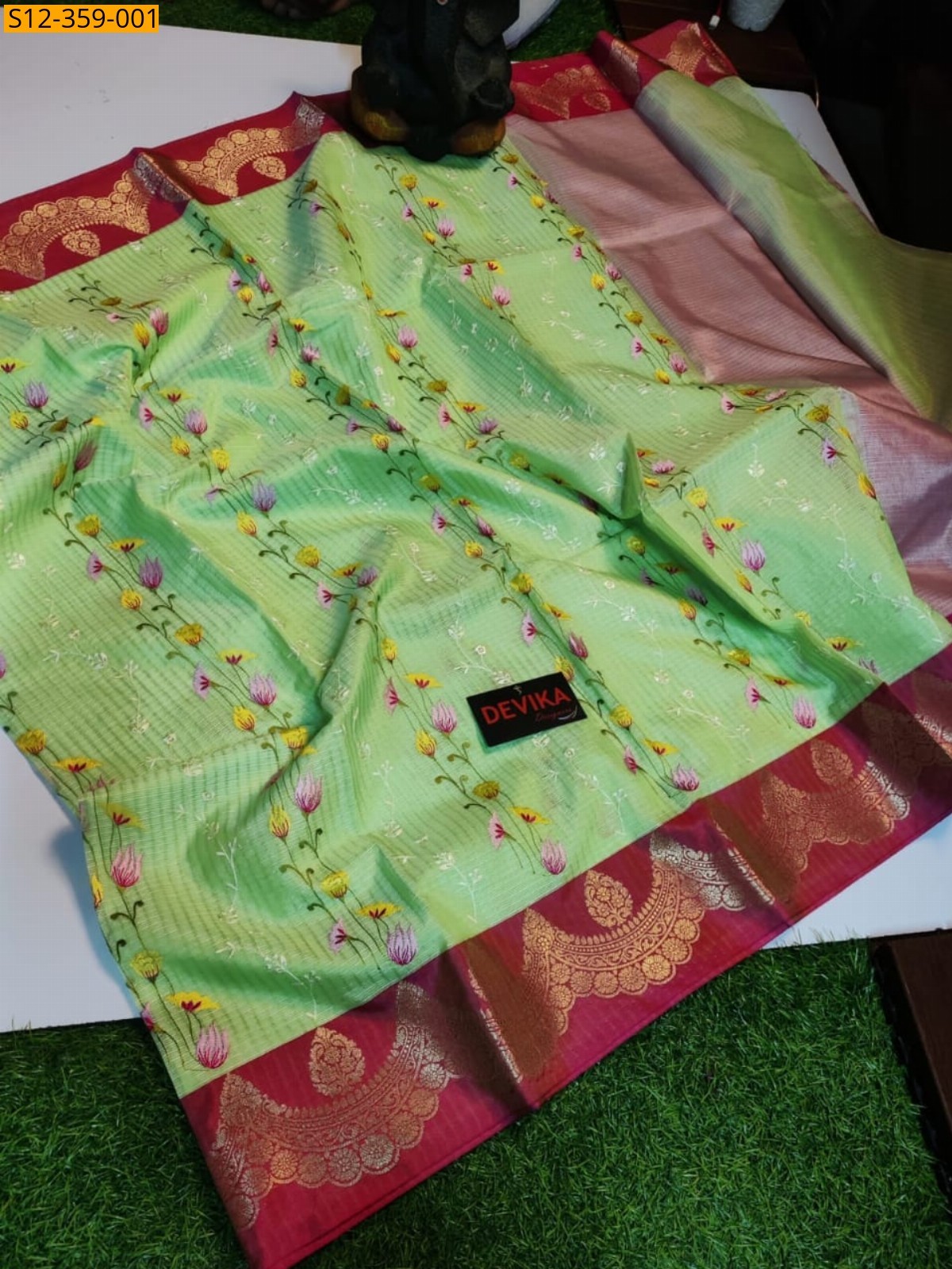 Green Banarsi kota chek embroidery soft silk Saree