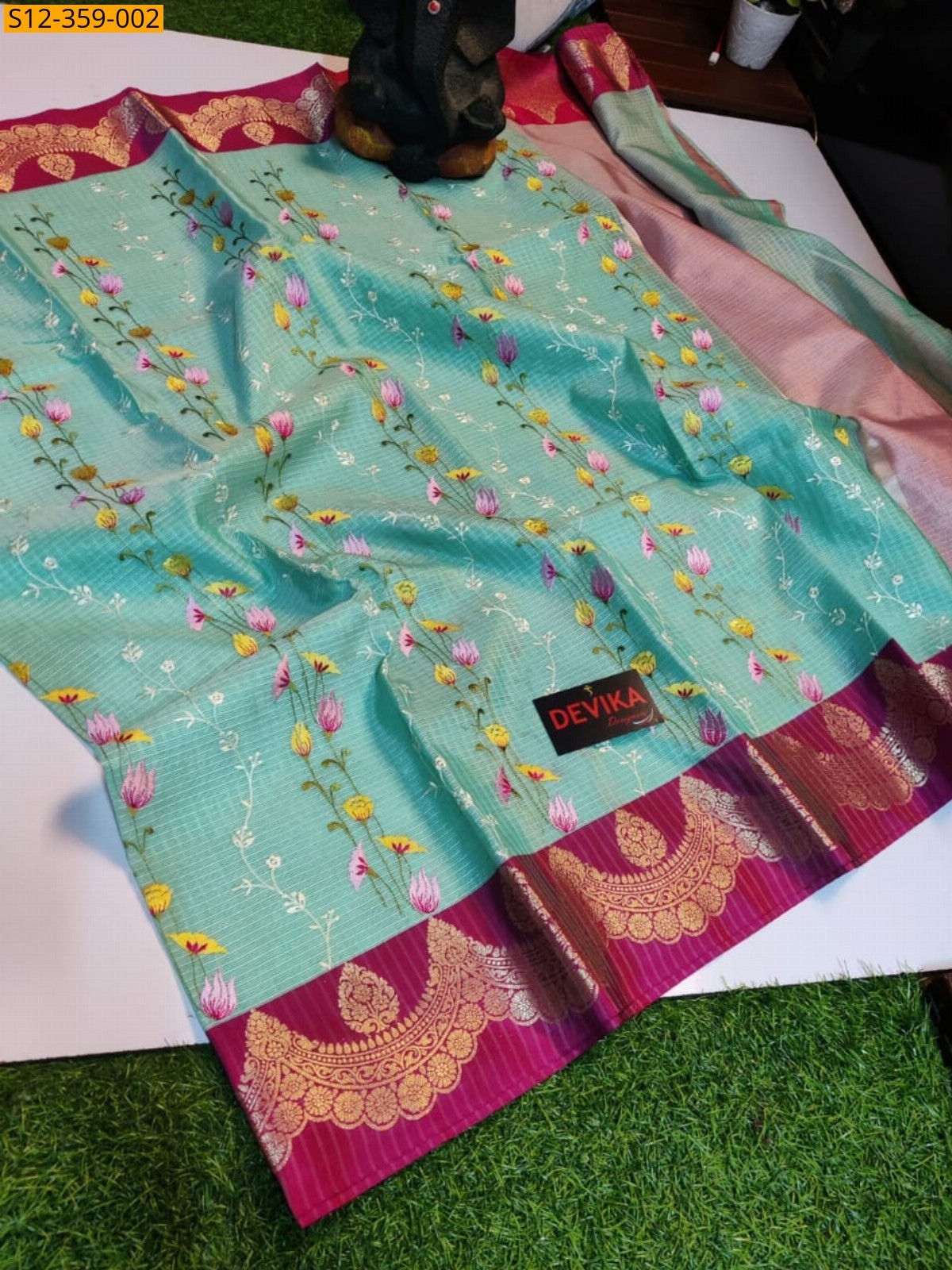 Rama Green Banarsi kota chek embroidery soft silk Saree