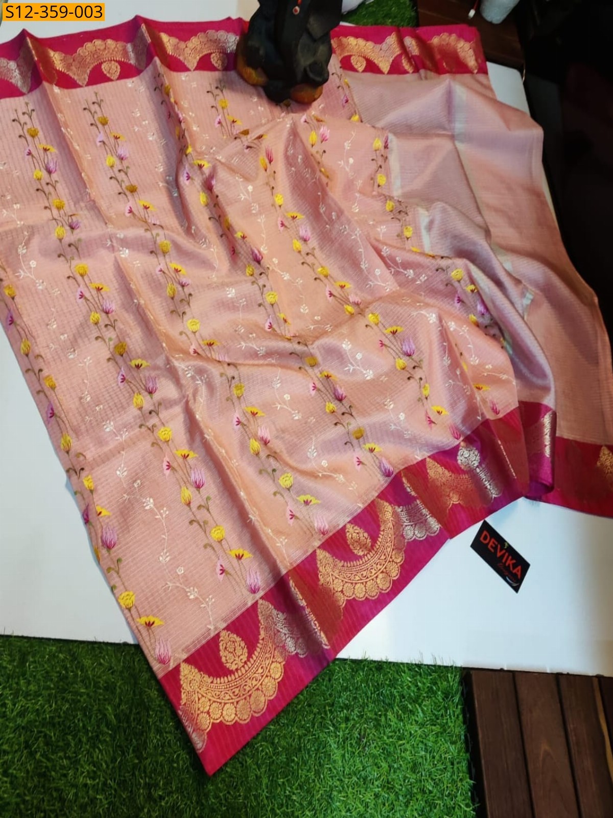 Peach Banarsi kota chek embroidery soft silk Saree