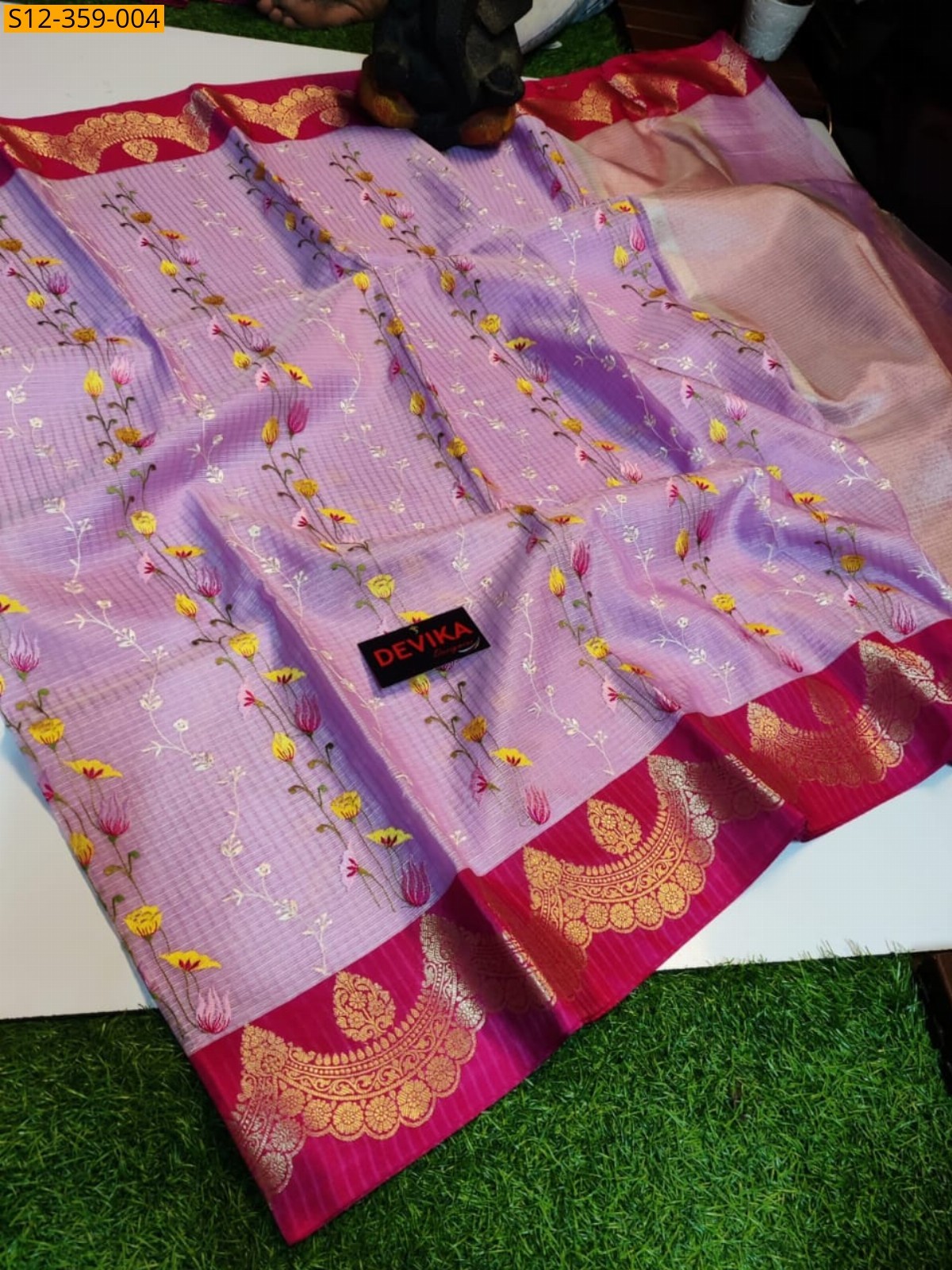 Lavender Banarsi kota chek embroidery soft silk Saree