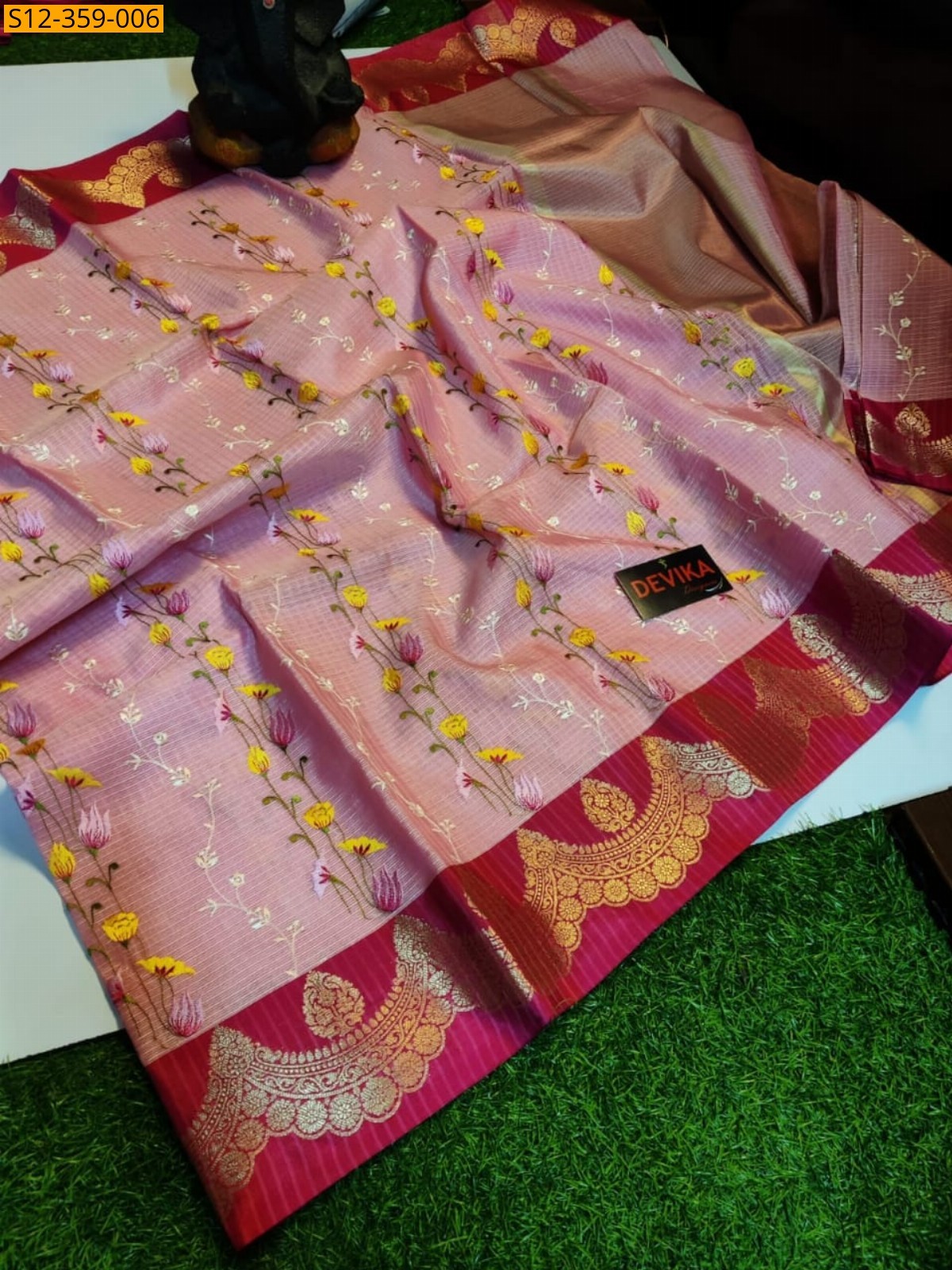 Pink Banarsi kota chek embroidery soft silk Saree