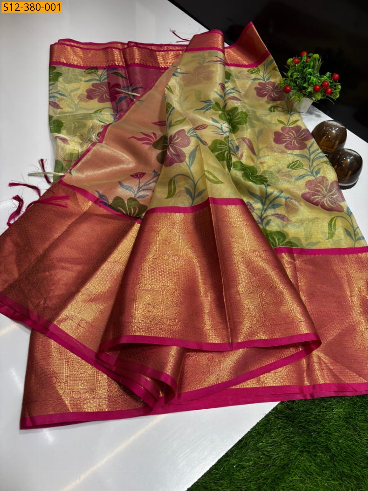Pink Fancy Banarsi tissue printed soft silk Saree