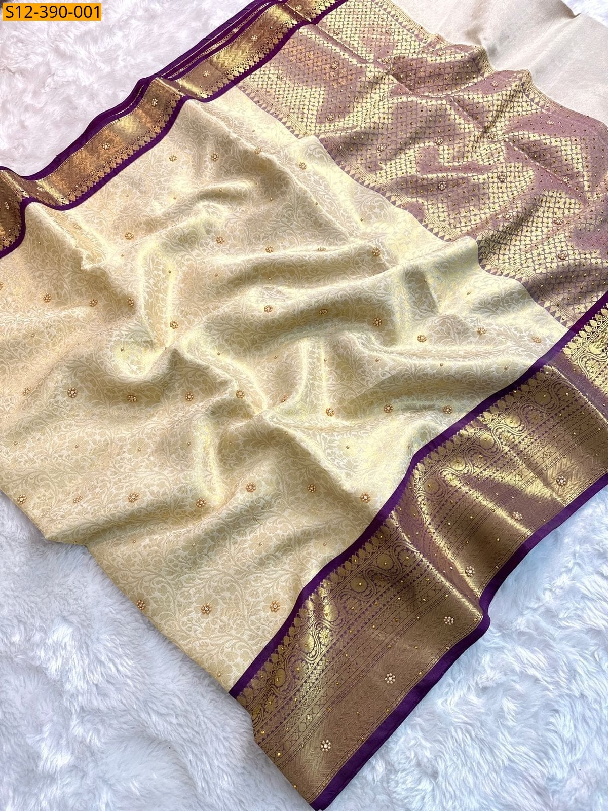 Sandal Fancy Banarsi semi kataan soft silk Saree