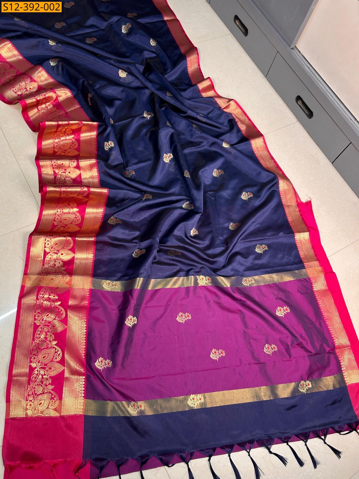 Navy Blue Fancy Banarasi semi kataan soft silk Saree