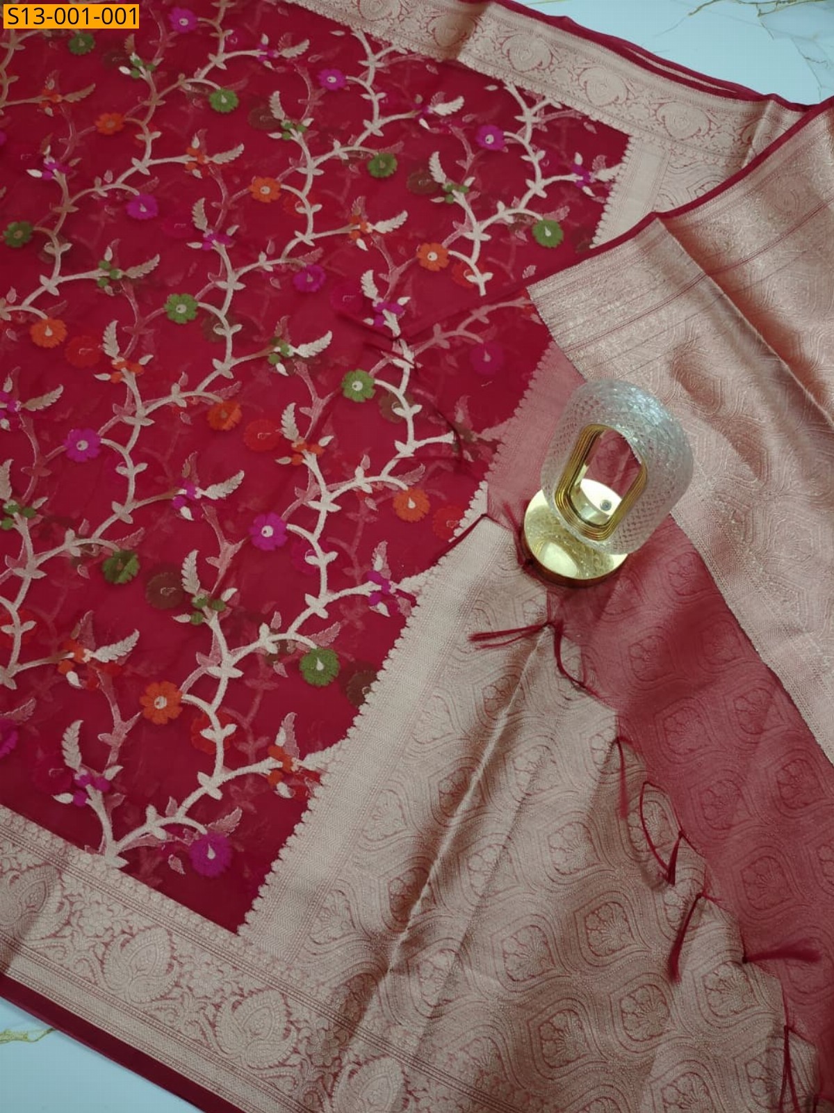 Red Kora Organza Muslin Silk Banarasi Saree