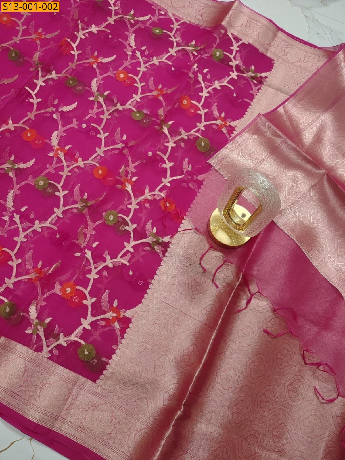 Pink Kora Organza Muslin Silk Banarasi Saree
