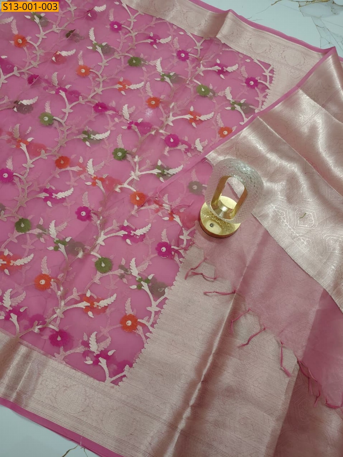 Light Pink Kora Organza Muslin Silk Banarasi Saree