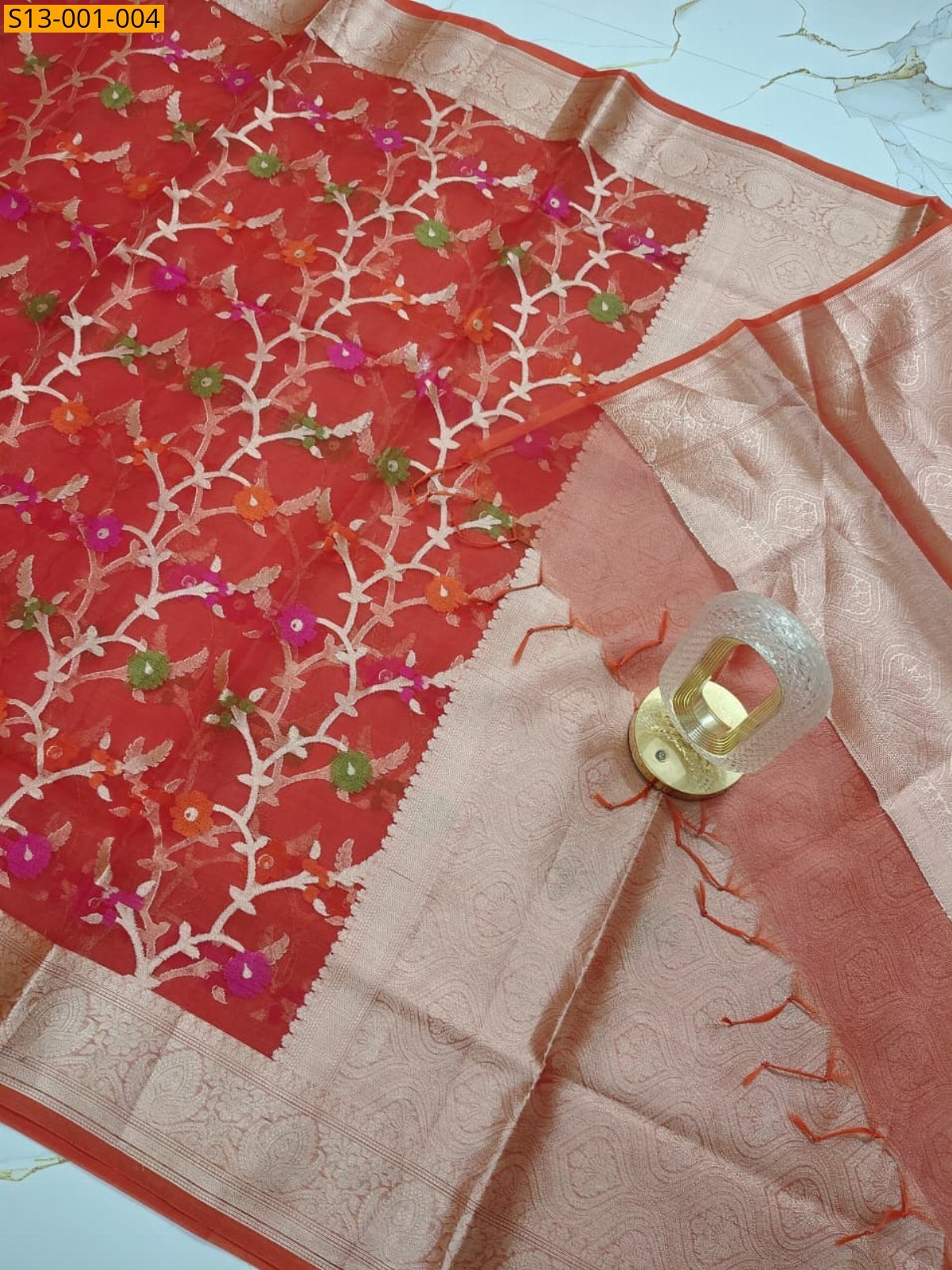 Orange Kora Organza Muslin Silk Banarasi Saree