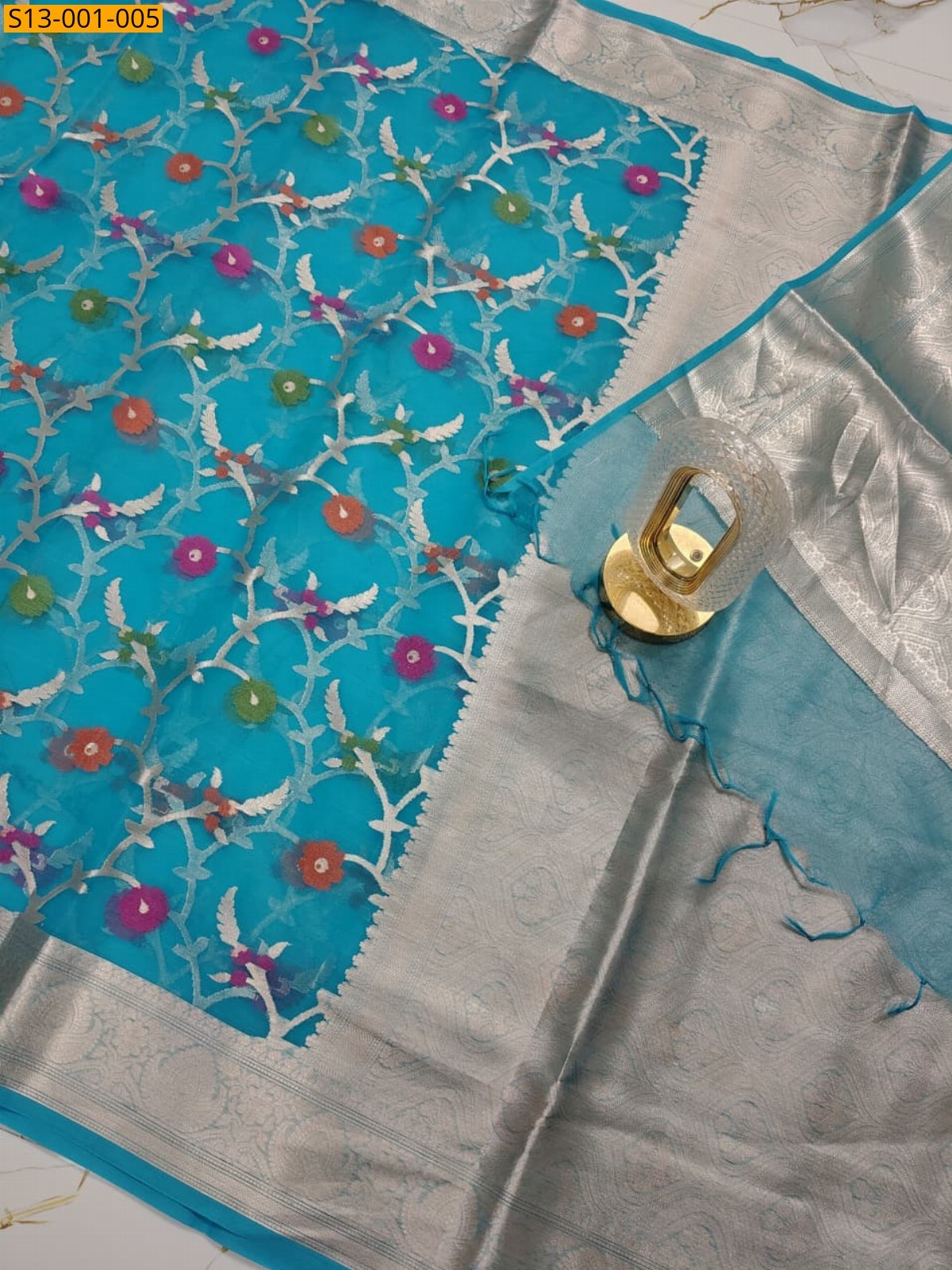 Blue Kora Organza Muslin Silk Banarasi Saree