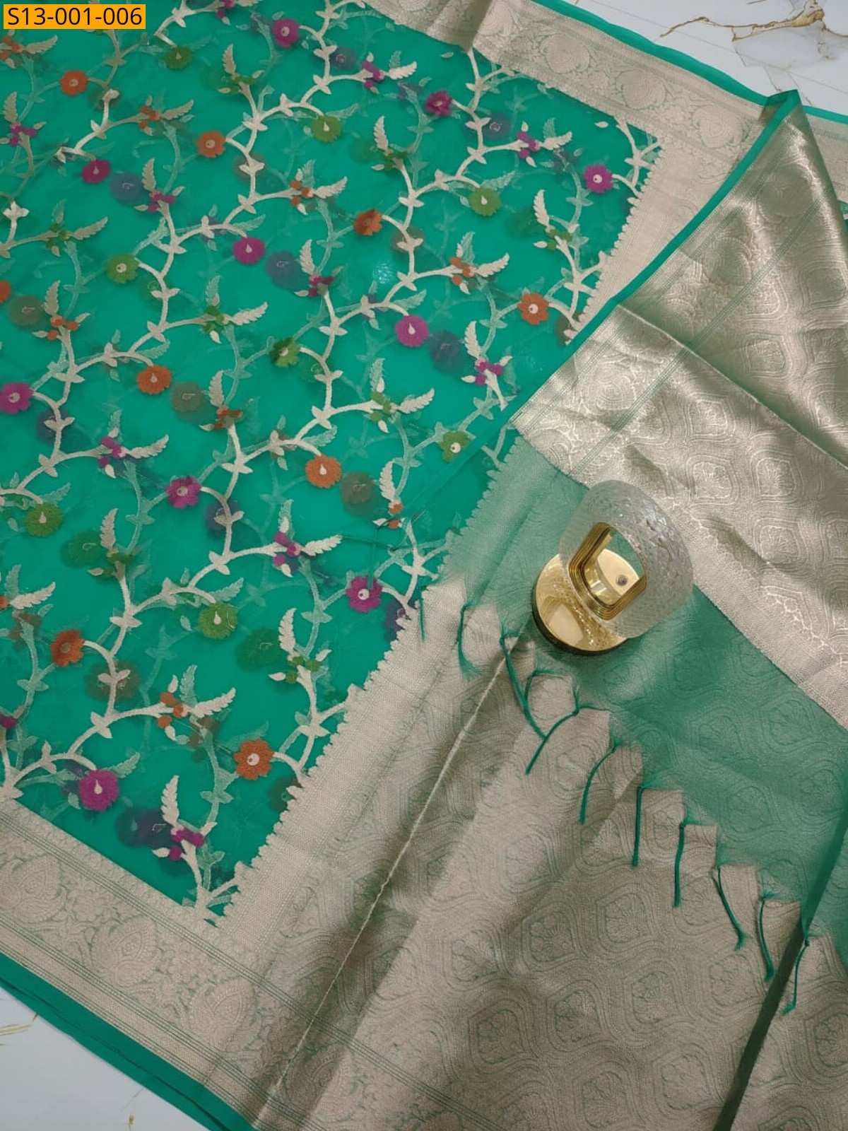 Green Kora Organza Muslin Silk Banarasi Saree