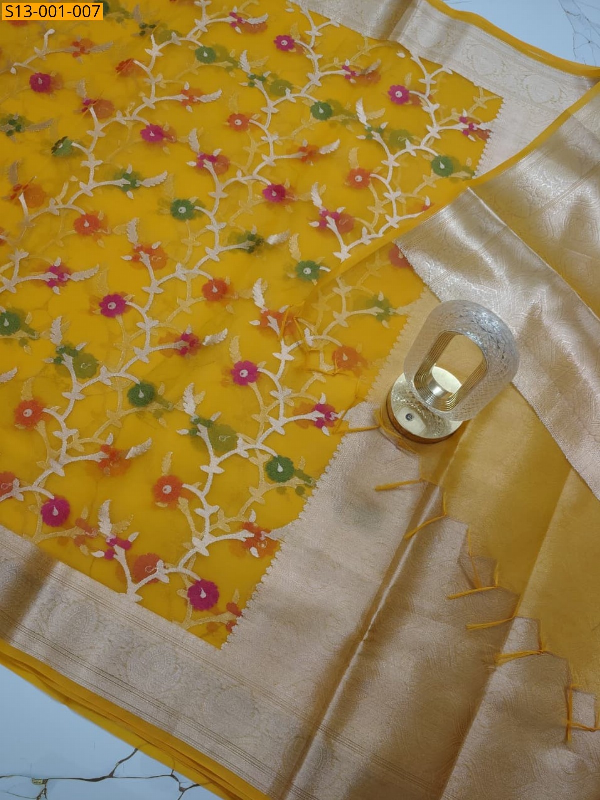 Yellow Kora Organza Muslin Silk Banarasi Saree