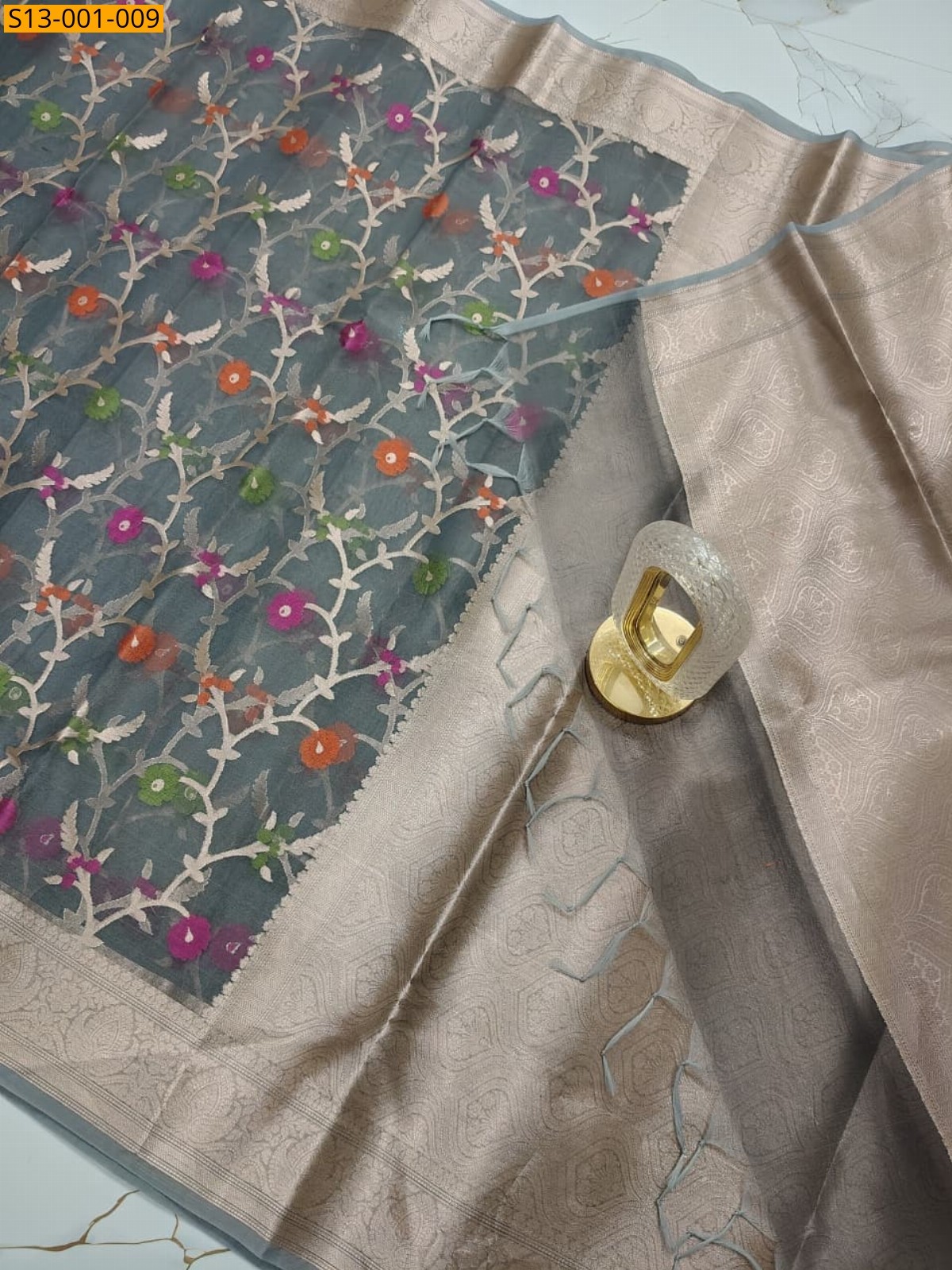 Grey Kora Organza Muslin Silk Banarasi Saree