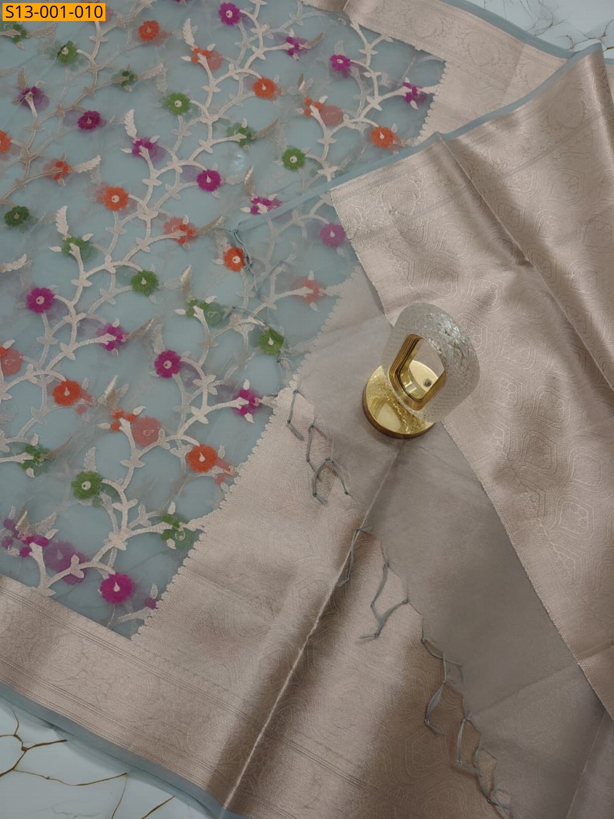 Light Blue Kora Organza Muslin Silk Banarasi Saree