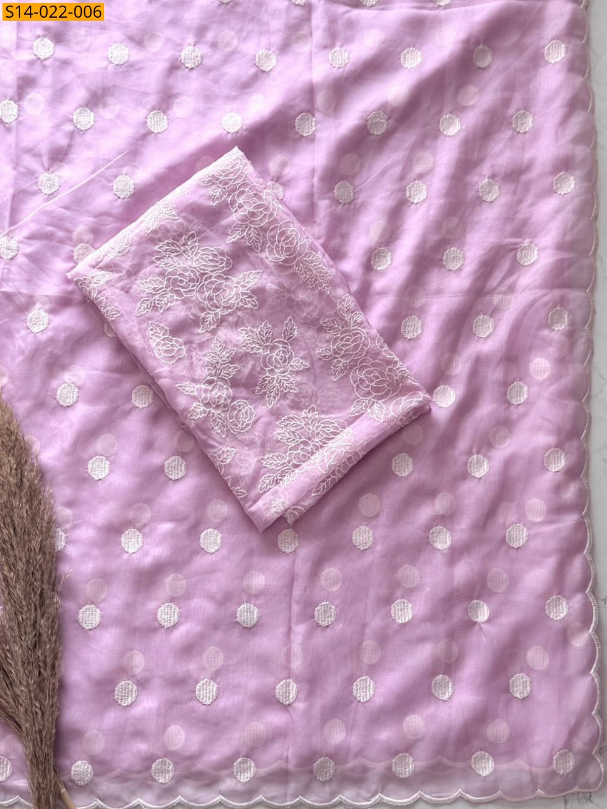 Baby Pink Tebby organza polka dots saree