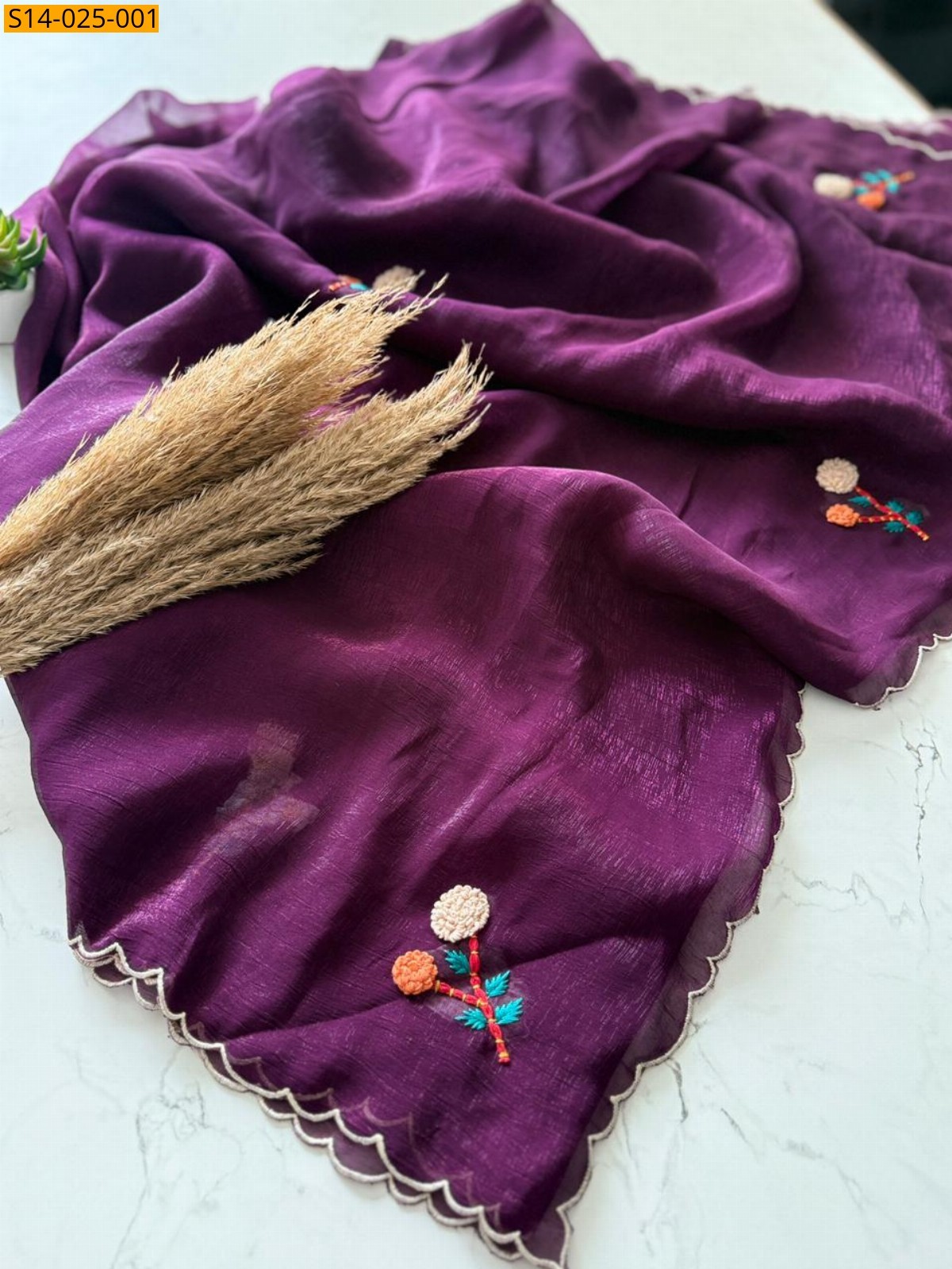 Purple Crunchy Silk Threadwork sarees